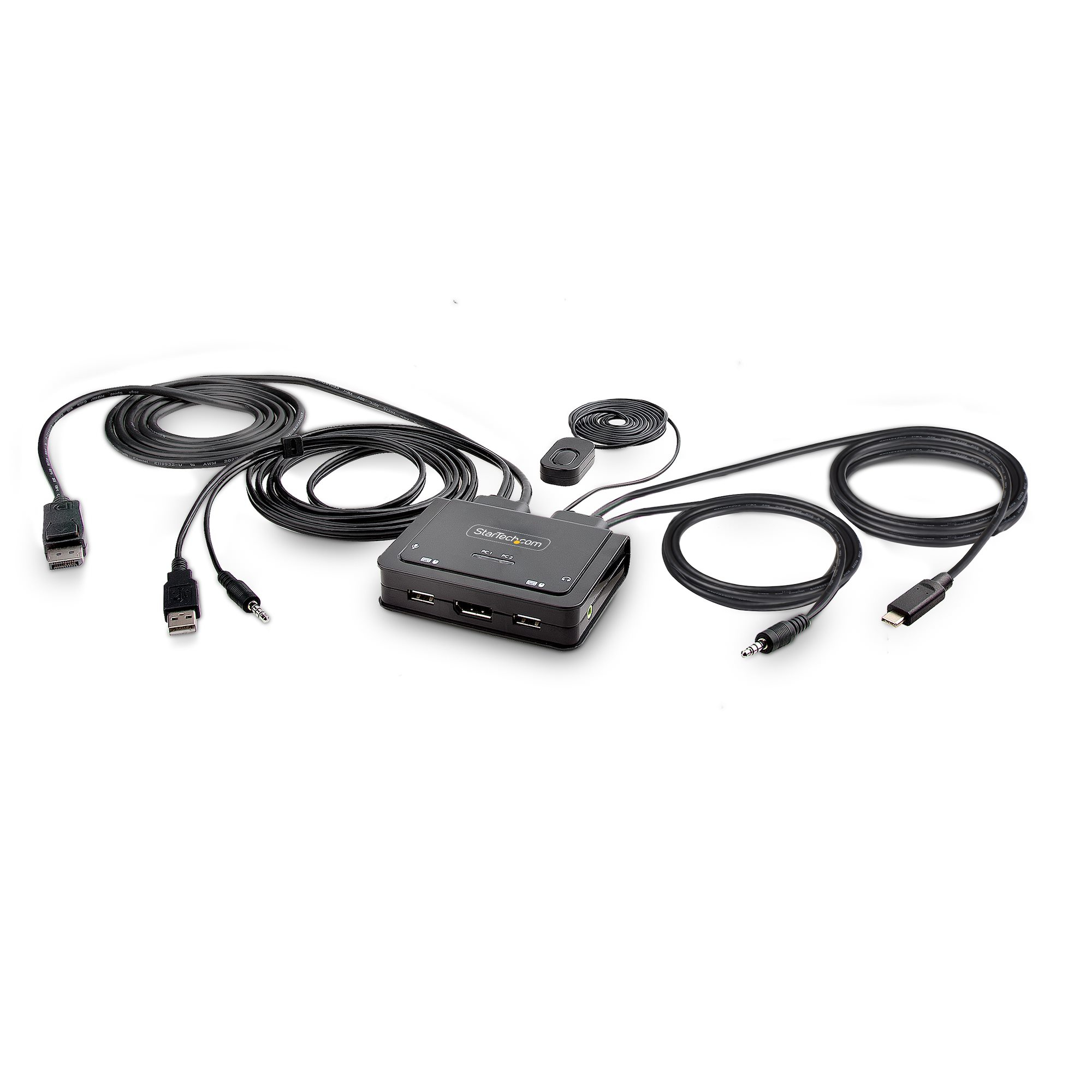 Ein schwarzes StarTech.com-Gerät mit Kabeln und Anschlüssen auf weißem Hintergrund. Kabel sind HDMI, USB und Audio.