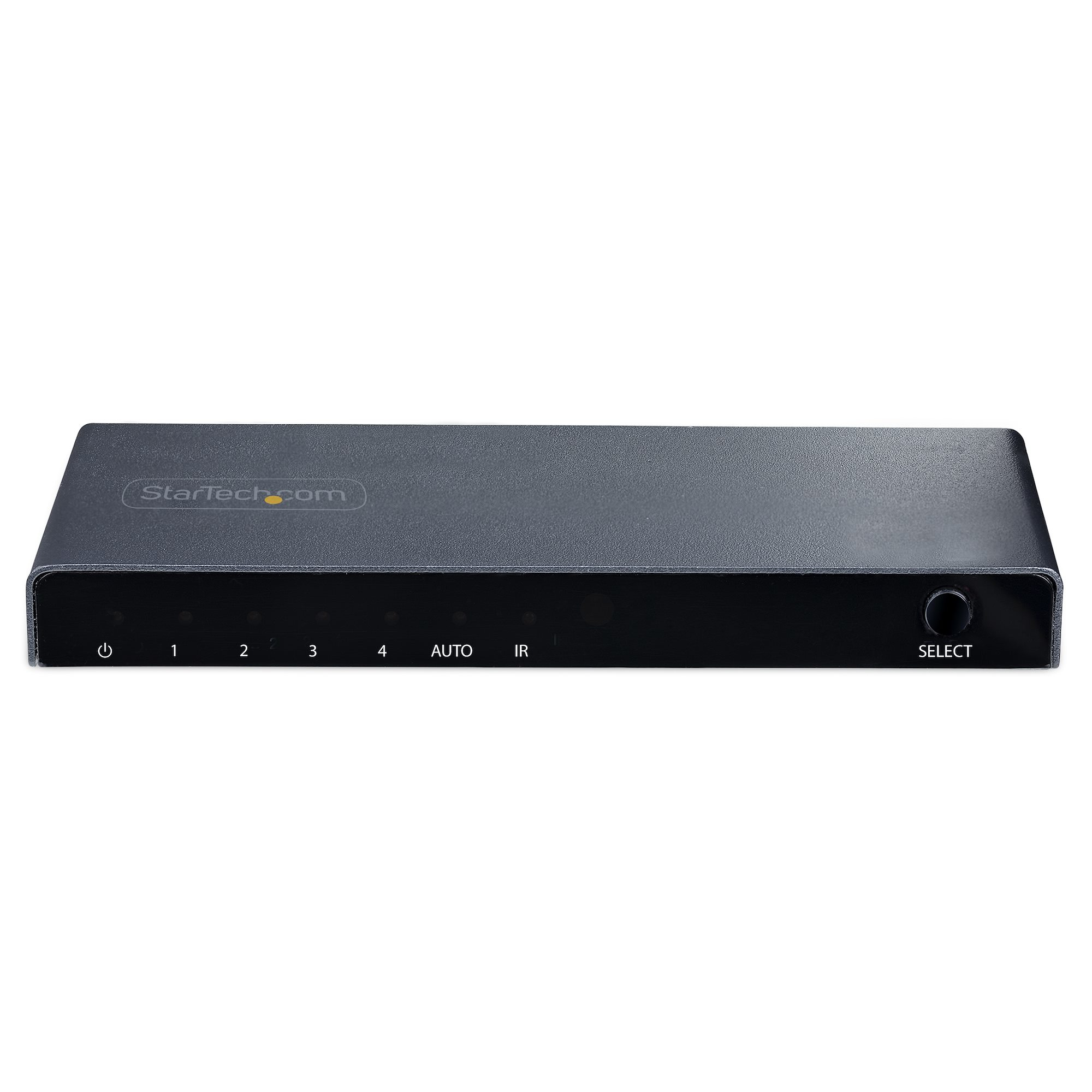 Un dispositivo StarTech nero con pulsanti 1-4, AUTO, IR e SELECT, su sfondo bianco.