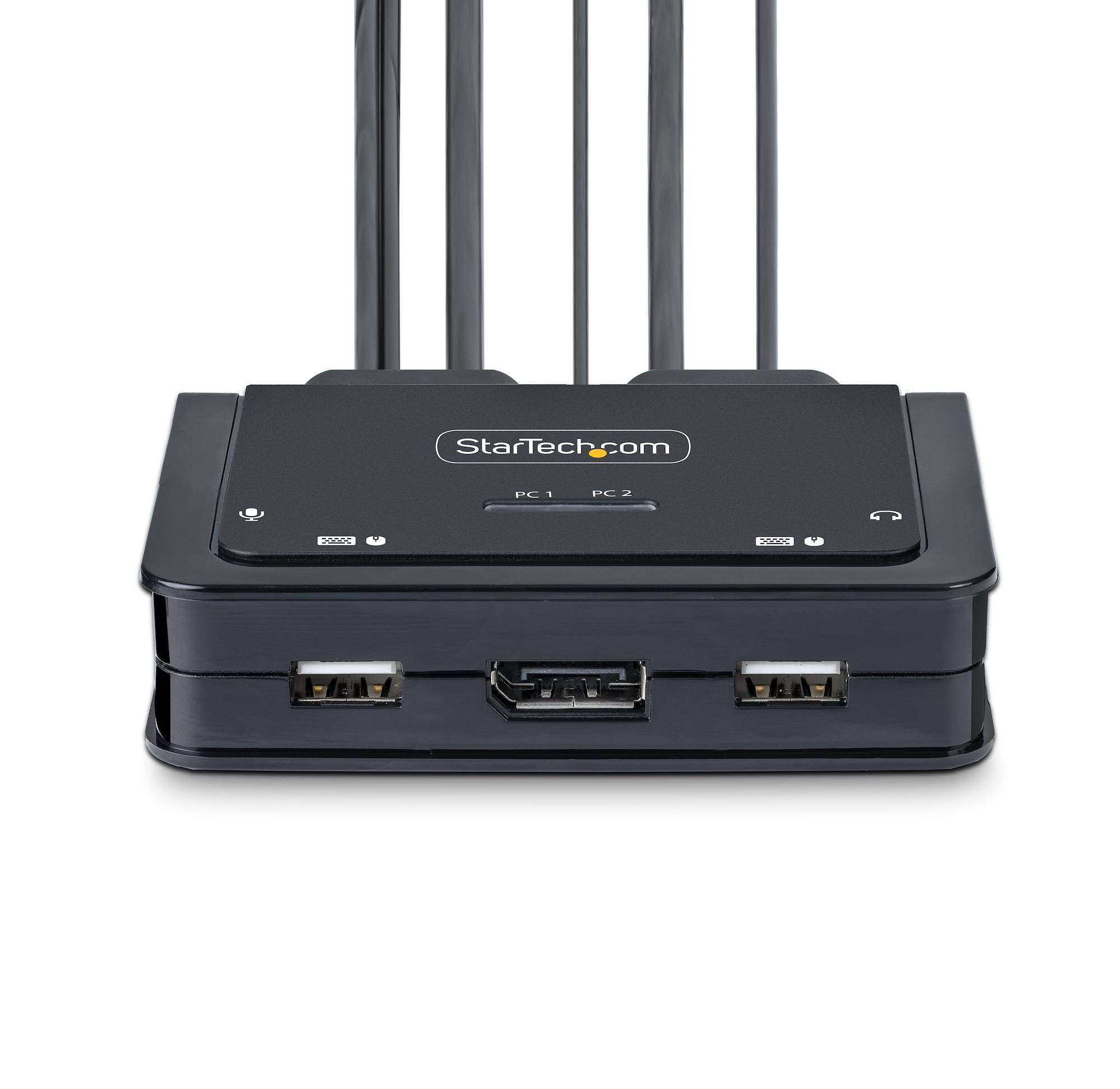 Ein schwarzes StarTech.com-Gerät mit mehreren Anschlüssen. USB-Anschlüsse, HDMI-Anschluss und Eingangskabel sichtbar. Weißer Hintergrund.