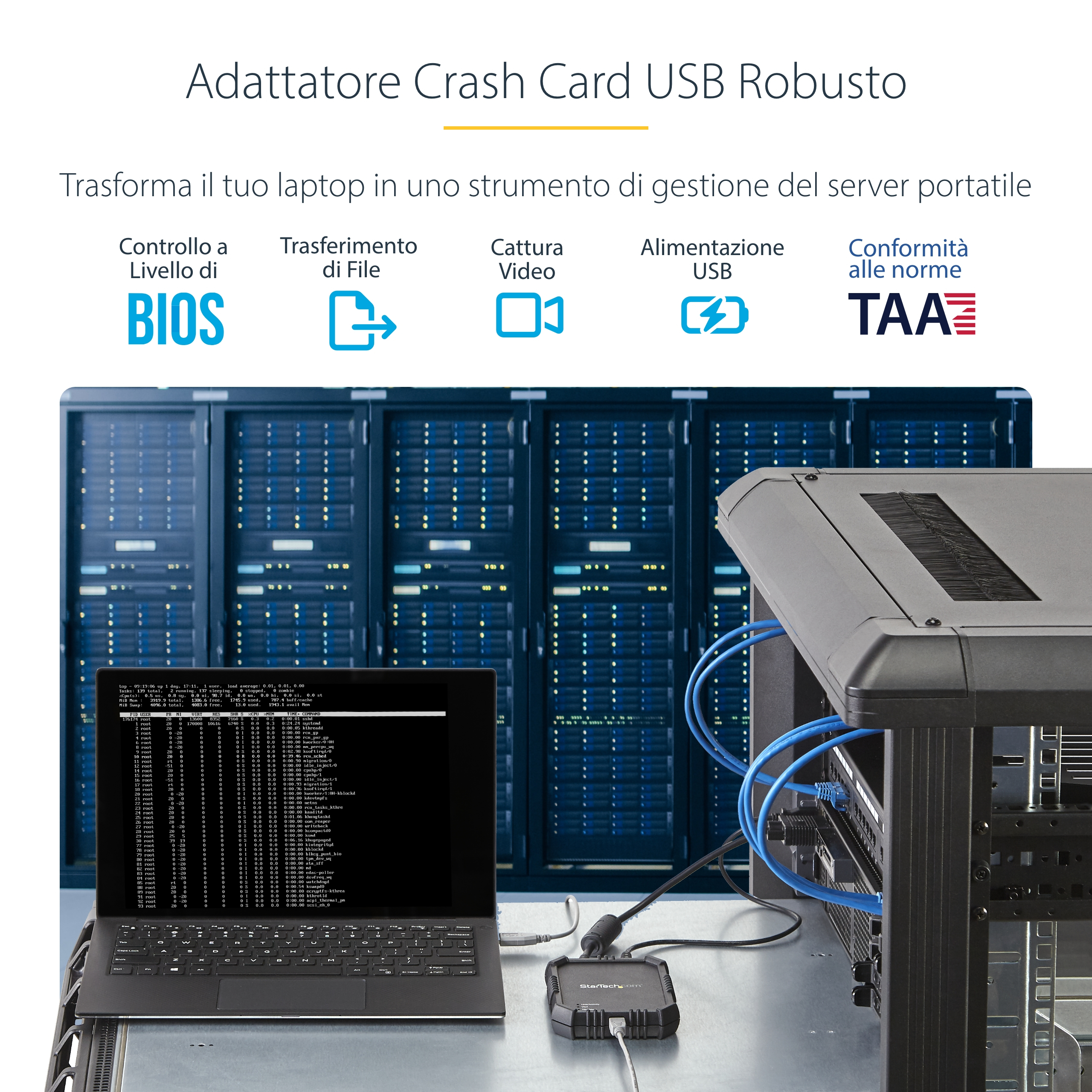 Een laptop verbonden met een zwart apparaat met kabels, voor serverracks.