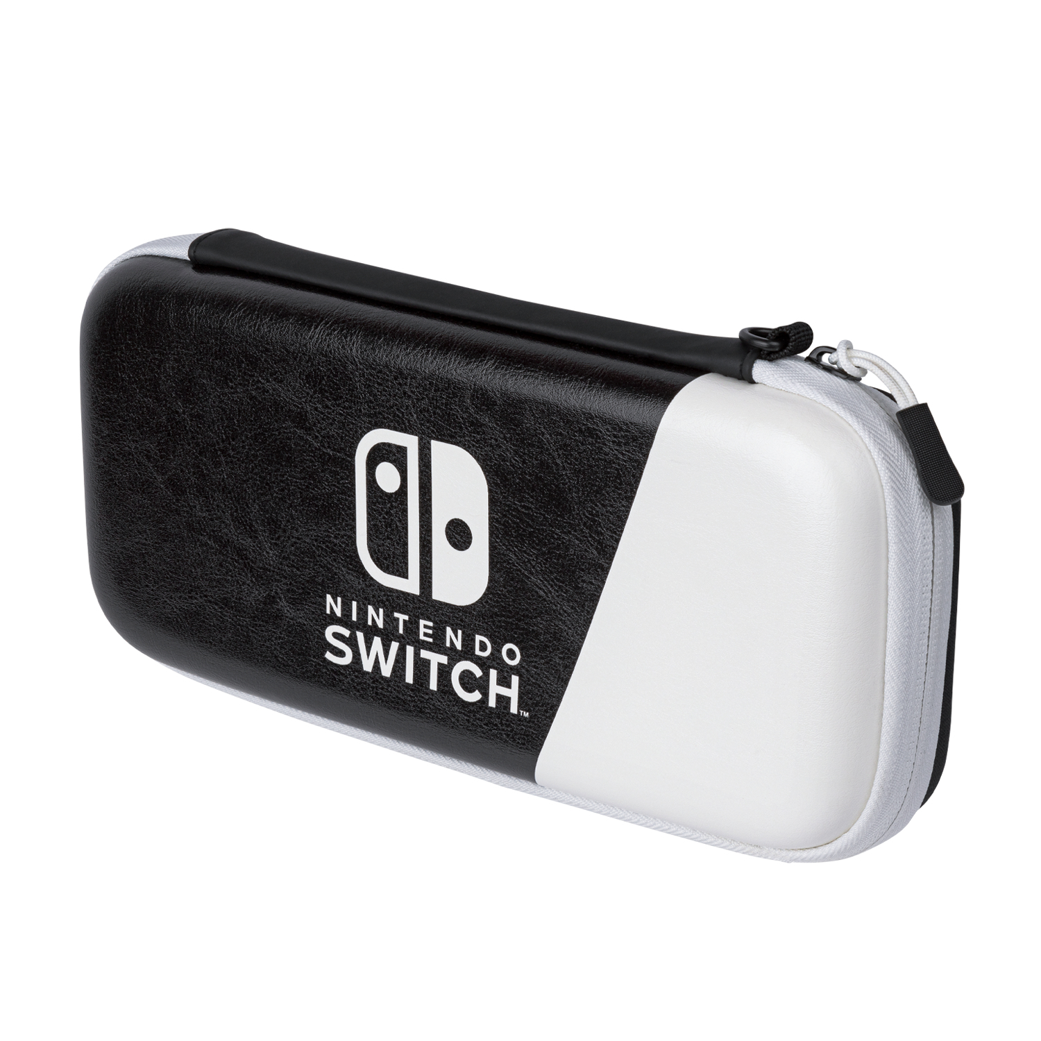 Una funda negra y blanca para Nintendo Switch. La funda es rectangular con cremallera. El logotipo de Nintendo Switch es visible.