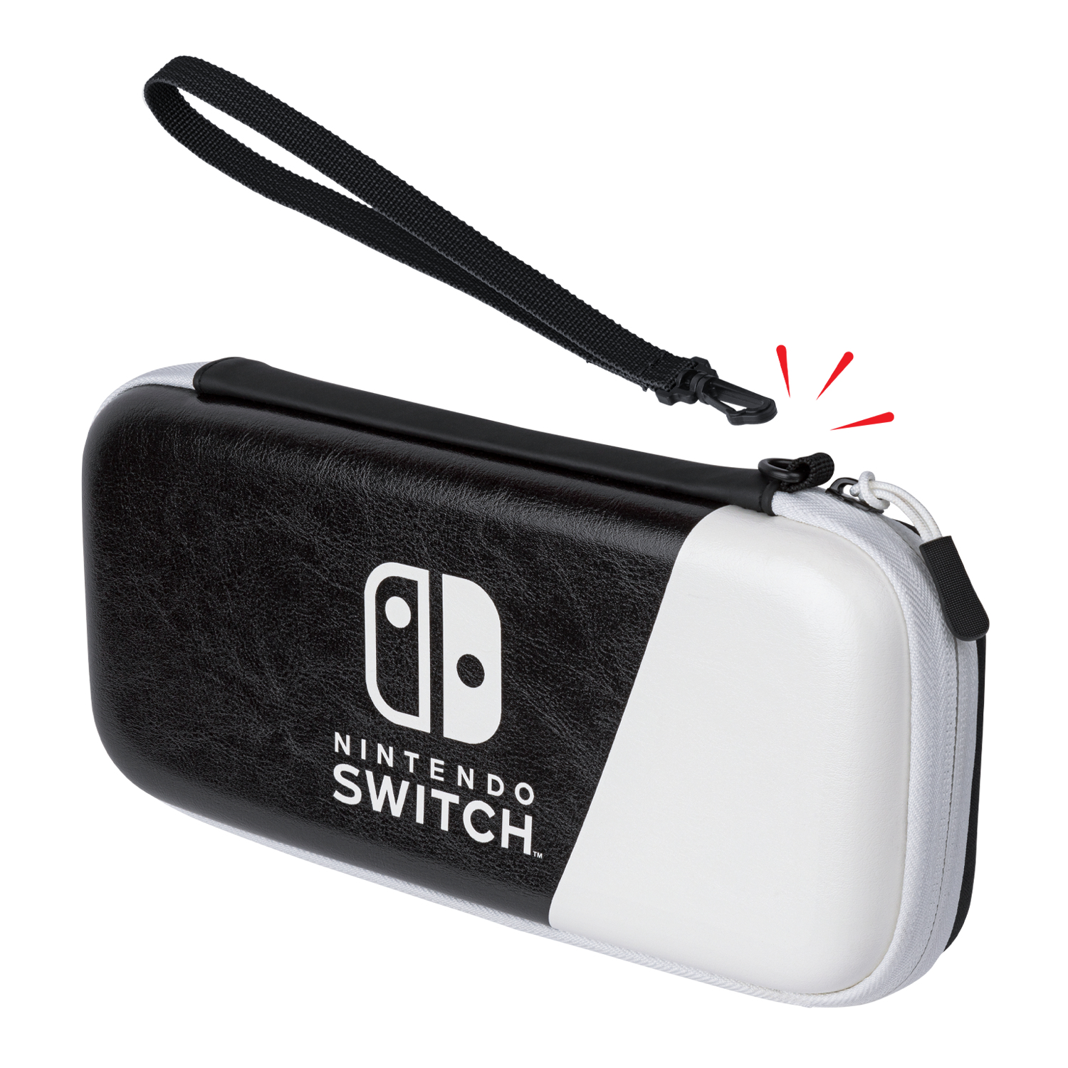 Una funda negra y blanca para Nintendo Switch con correa. La correa está suelta. La funda tiene un logo de Switch.