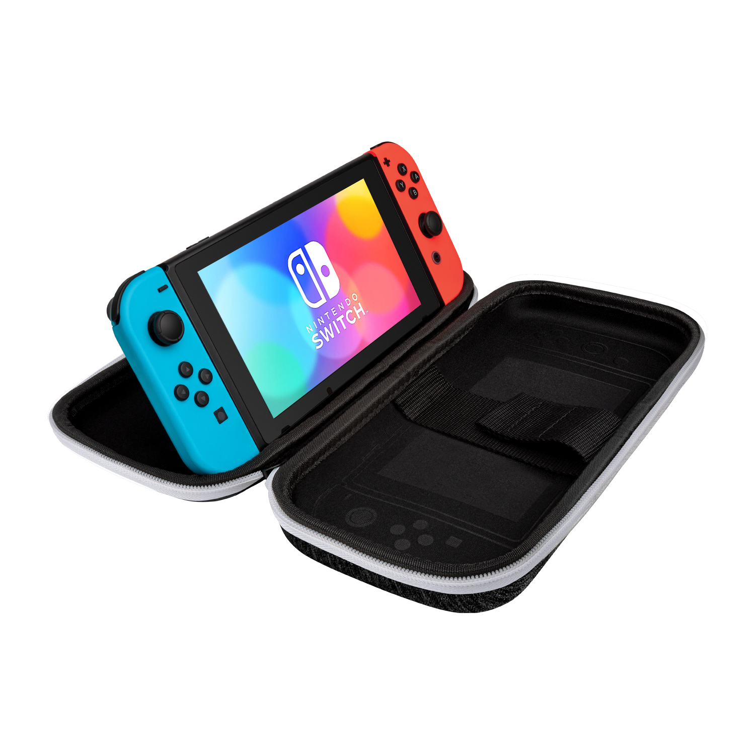 Una consola Nintendo Switch, con controles azules y rojos, está en un estuche negro abierto. La pantalla muestra gráficos coloridos.