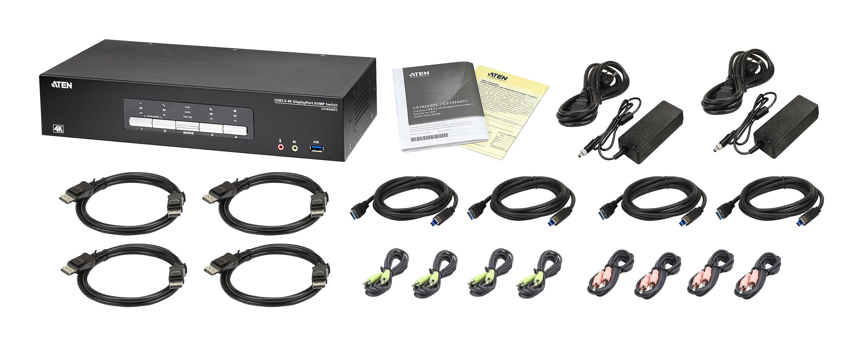 Un commutateur KVMP DisplayPort ATEN USB 3.0 4K noir, des câbles, des adaptateurs secteur et des manuels sont disposés sur fond blanc.