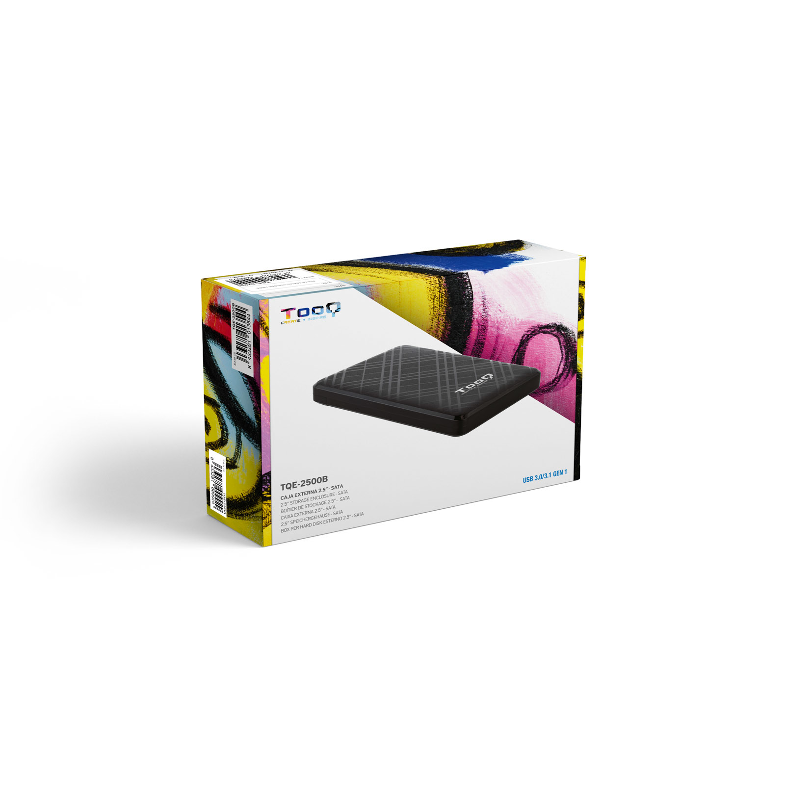 Una caja de producto con un disco duro externo negro. La caja tiene arte abstracto colorido. El texto incluye la marca y los detalles del producto.