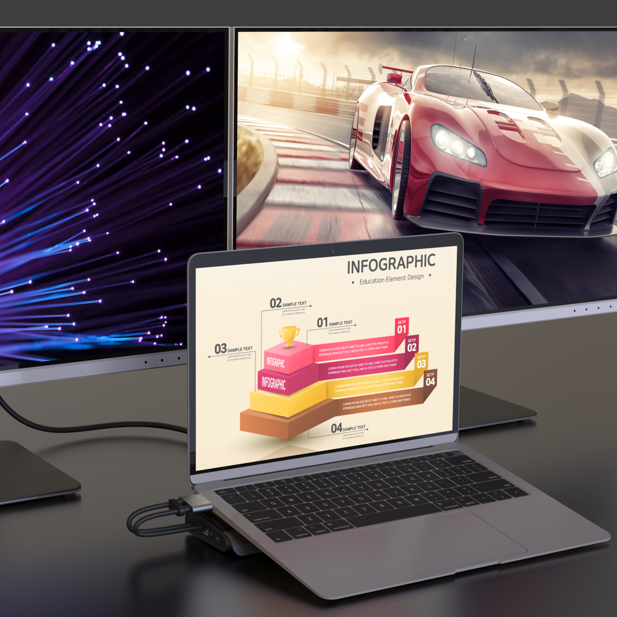Portátil mostrando una infografía, dos monitores con fibra óptica y un coche de carreras en una pista, todo en superficie oscura.