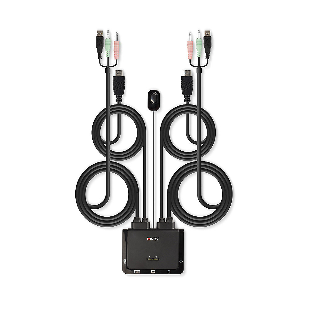 Interruptor Lindy negro con cables. Los cables tienen conectores USB, de audio y HDMI. El fondo es blanco.