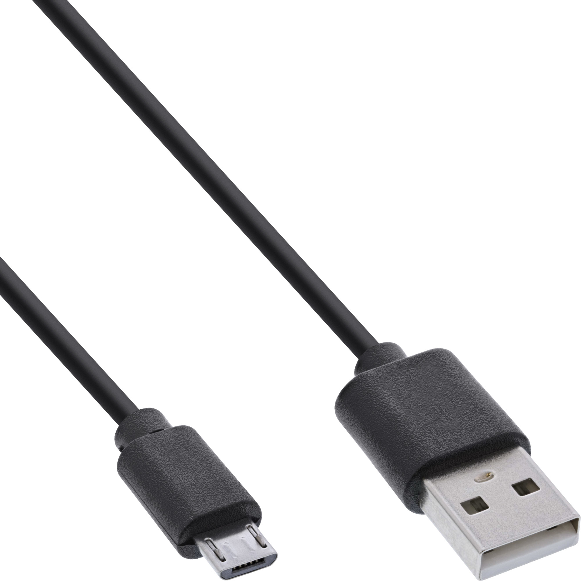 Czarny kabel USB z dwoma złączami, USB-A i micro-USB, na białym tle.