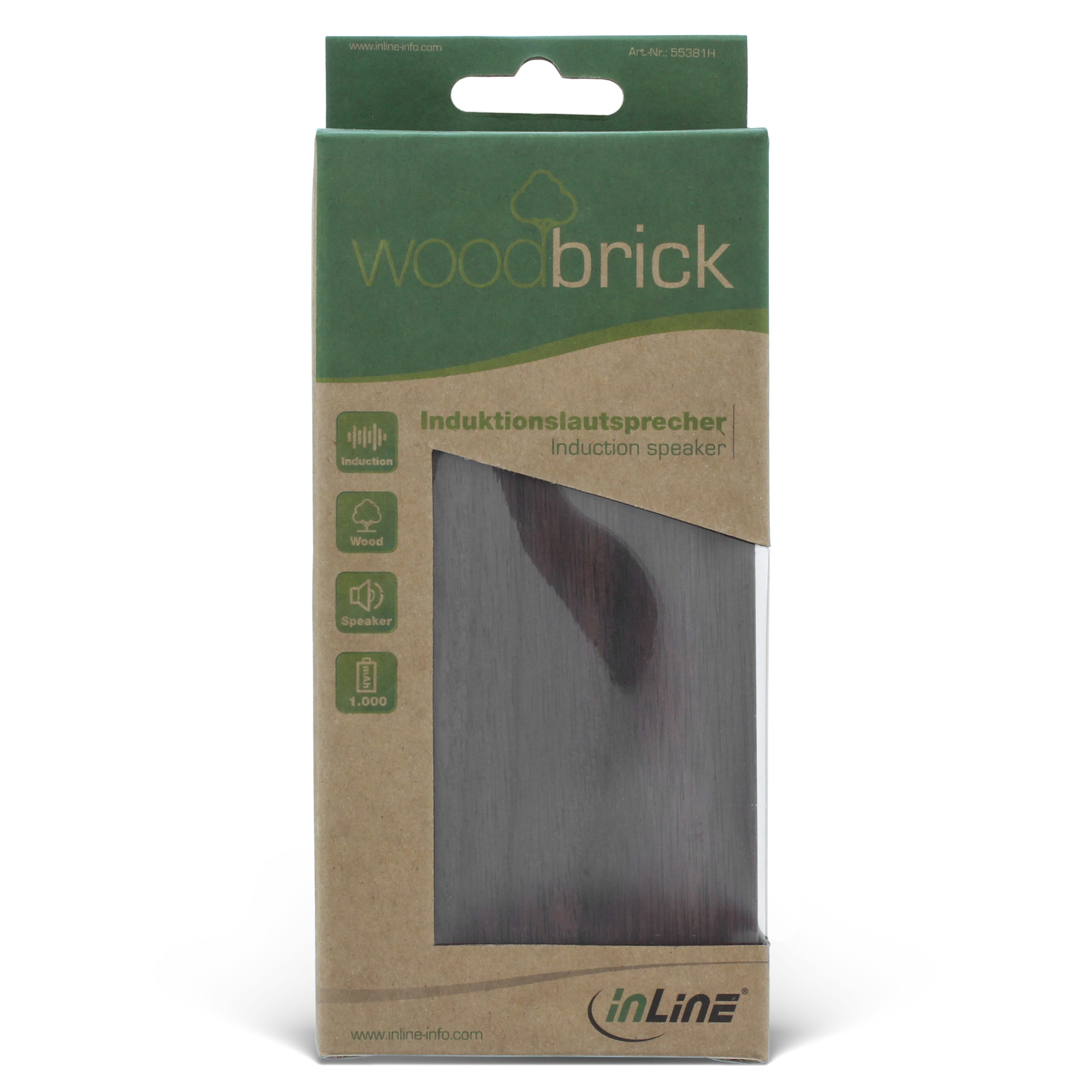 Pudełko produktu do głośnika indukcyjnego woodbrick. Z przodu drewniany panel i branding na opakowaniu.