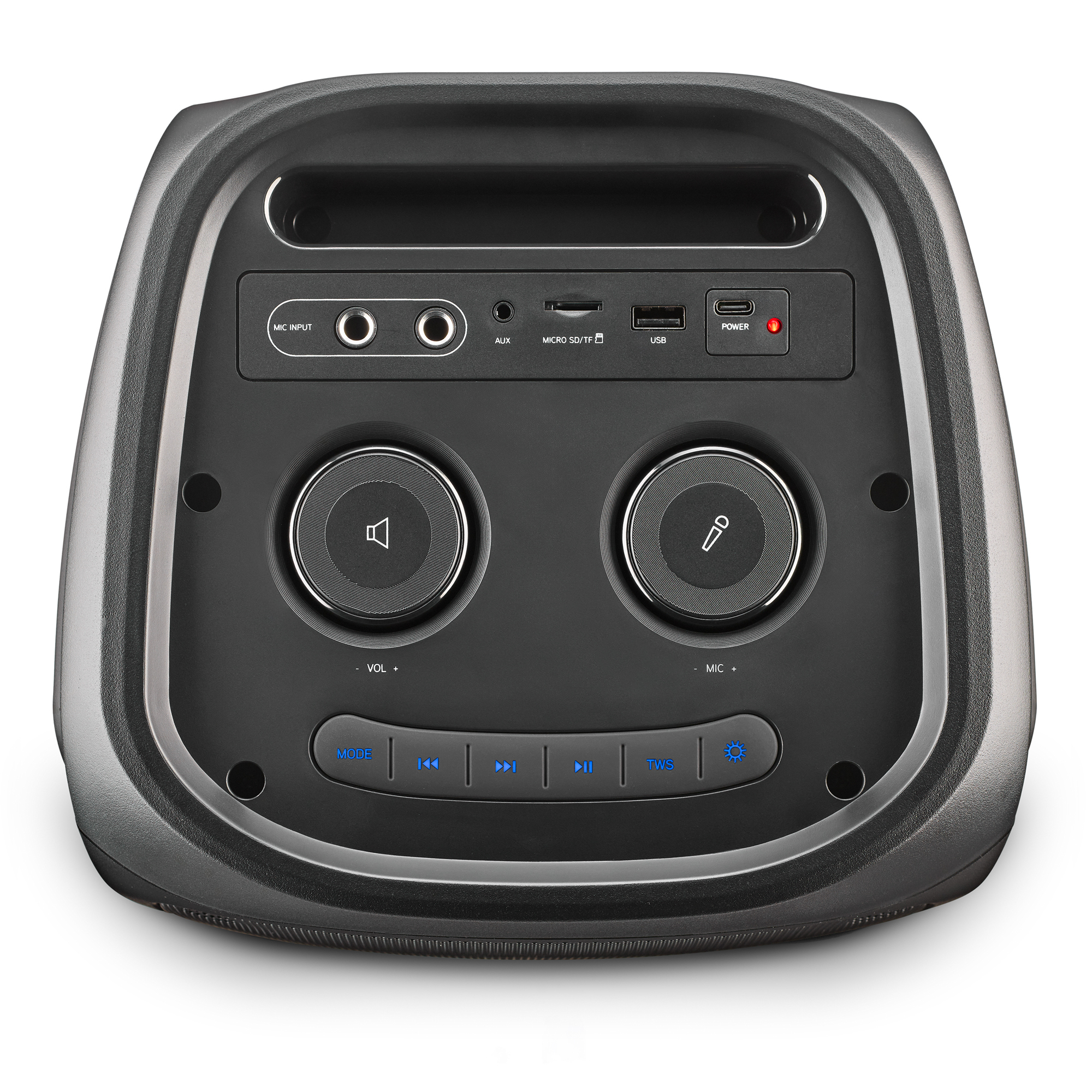 Czarny głośnik z elementami sterującymi. Górny panel posiada wejścia i przyciski zasilania, mikrofonu, głośności i trybu.