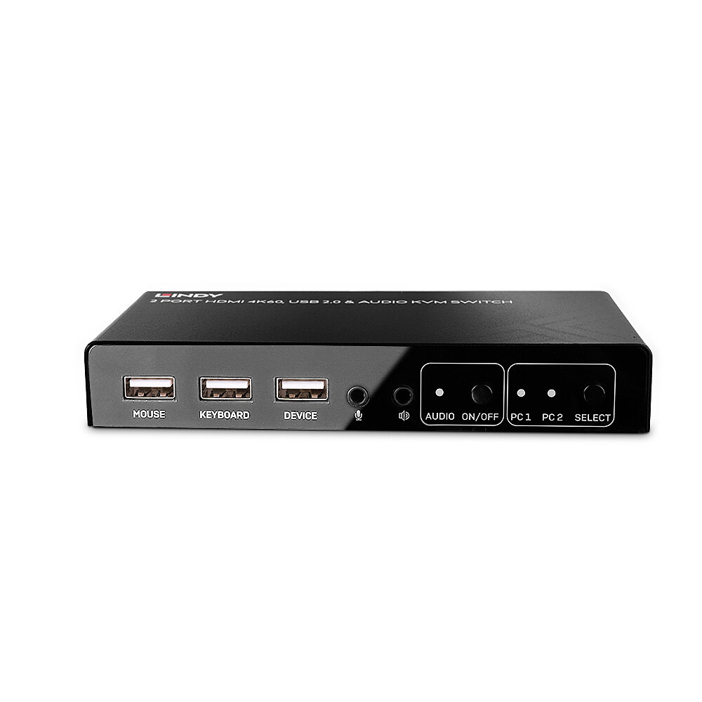 Uno switch KVM nero con porte USB per mouse, tastiera e dispositivo. Ha pulsanti audio e selezione PC. Le etichette sono bianche.