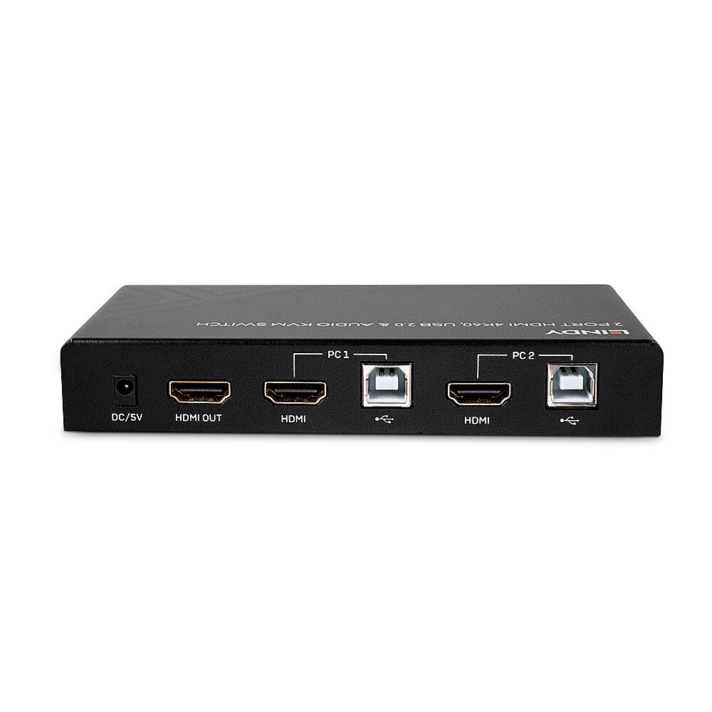 Uno switch KVM HDMI a 2 porte Lindy nero. Ha varie porte: DC/5V, uscita HDMI, HDMI, PC1, USB, HDMI, PC2 e USB su sfondo bianco.