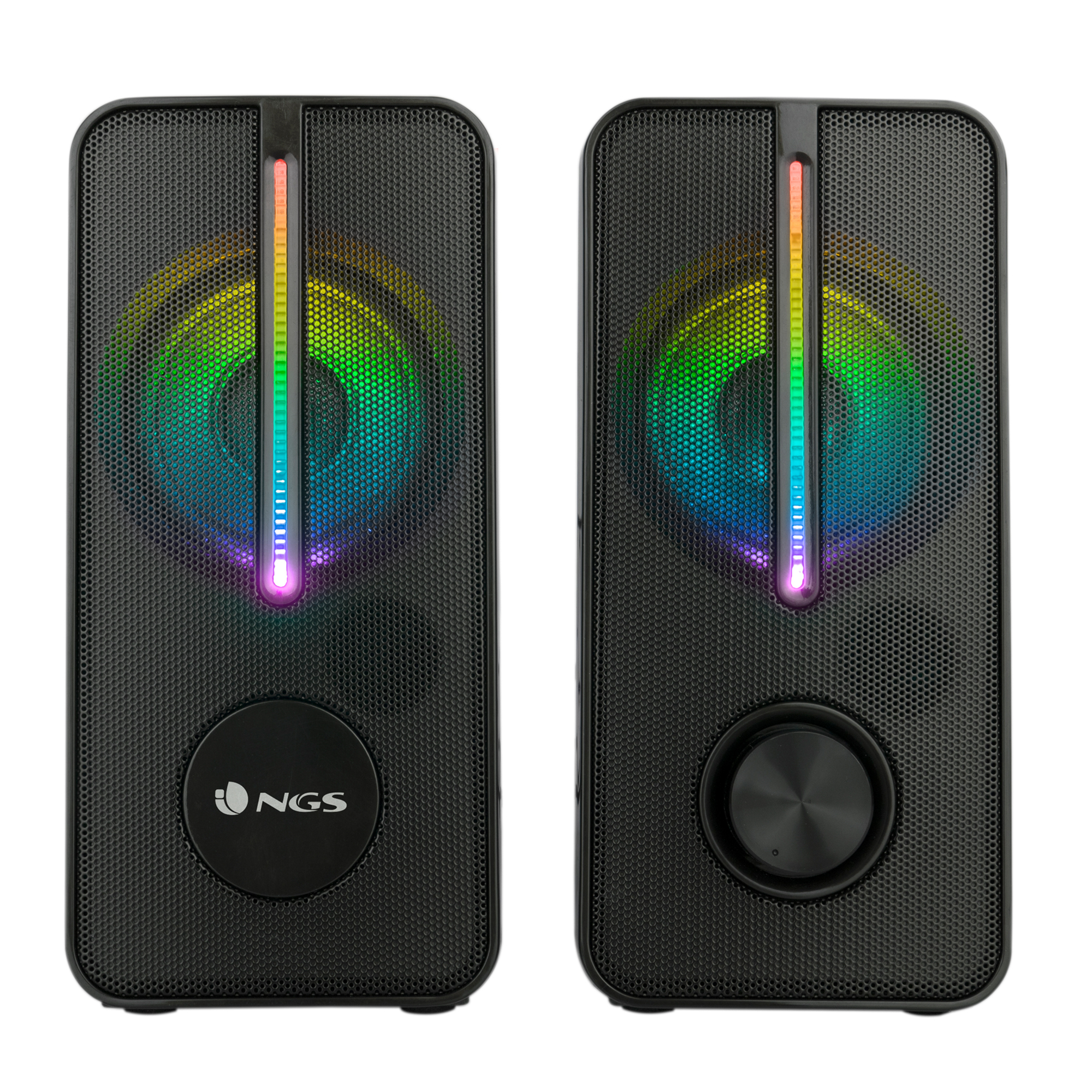 Dos altavoces negros con luces RGB. Cada uno tiene una rejilla frontal, una tira de luz y el logotipo de NGS.
