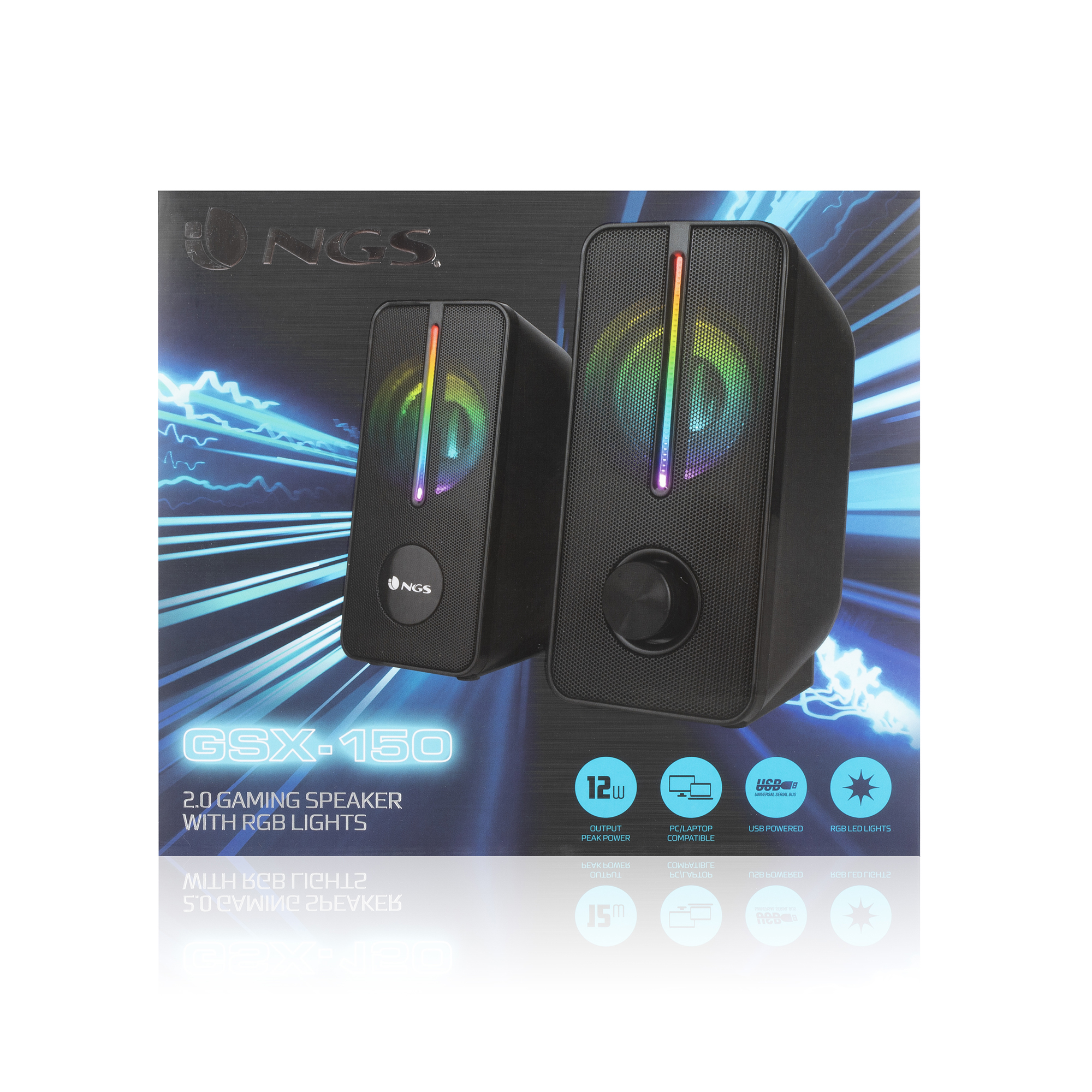 Dos altavoces NGS negros con luces RGB y una perilla de volumen sobre un fondo azul oscuro con texto e iconos.