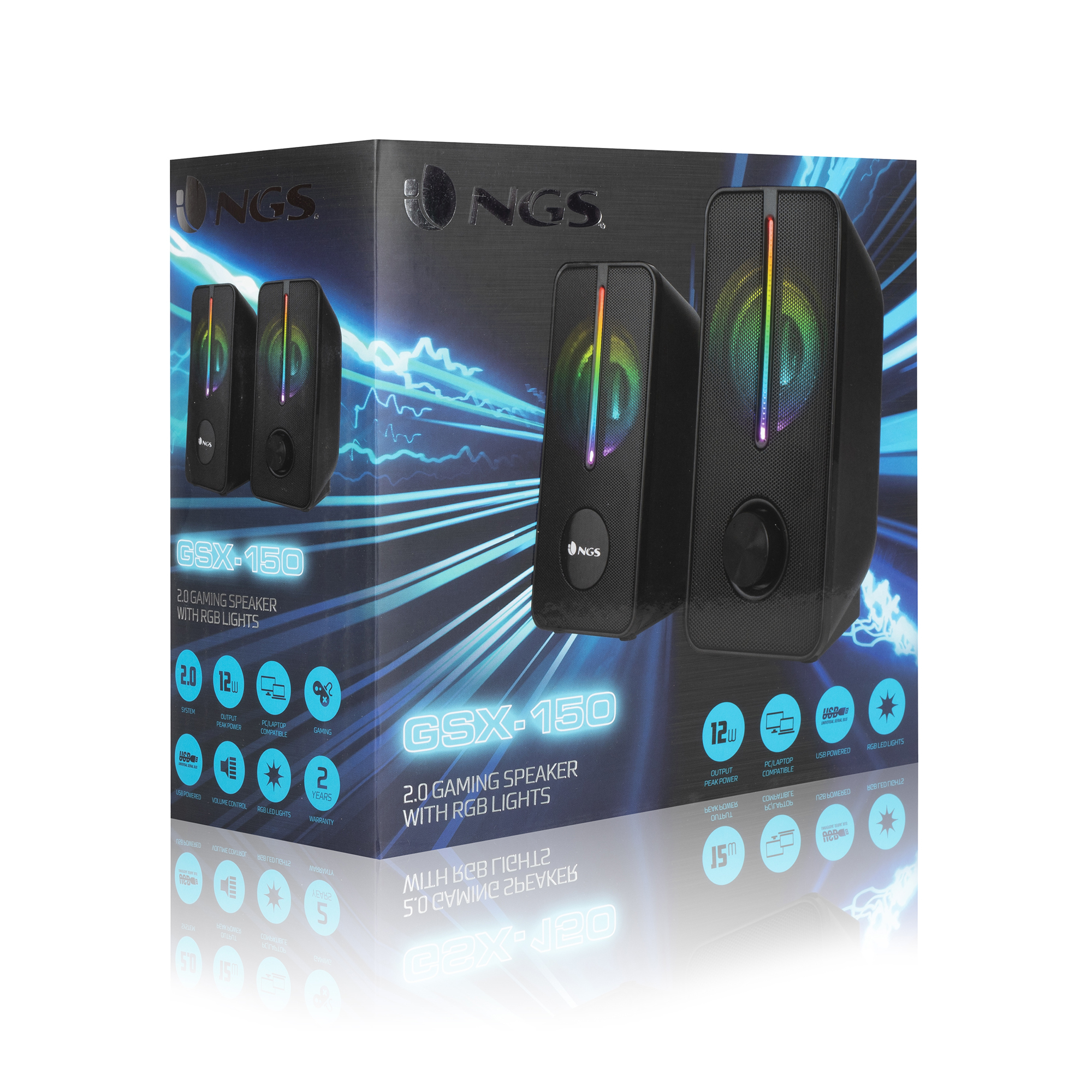 Caja con dos altavoces negros. Tienen luces RGB y la marca NGS. La caja dice GSX-150, altavoz para juegos 2.0.