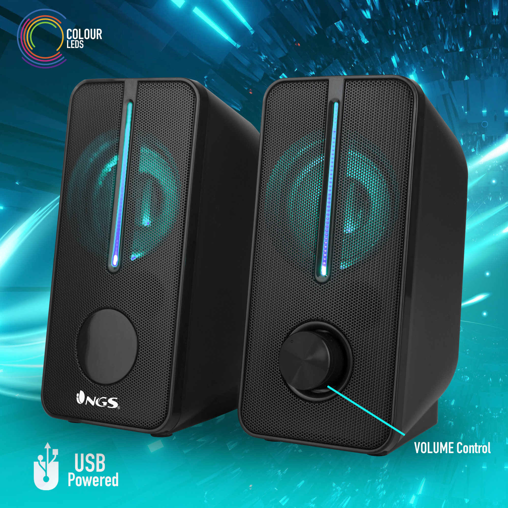 Dos altavoces negros con luces LED, control de volumen y alimentación USB. El fondo es turquesa.