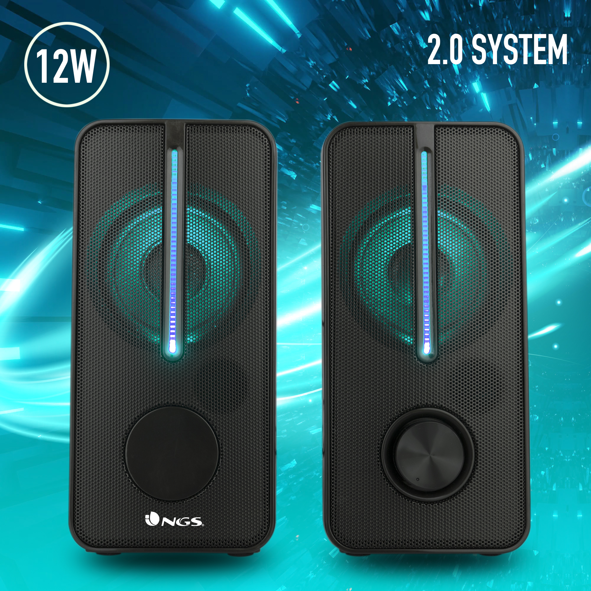 Dos altavoces negros con luces azules. Arriba a la izquierda, '12W'. Derecha, '2.0 SYSTEM'. Fondo azul con rayas de luz.
