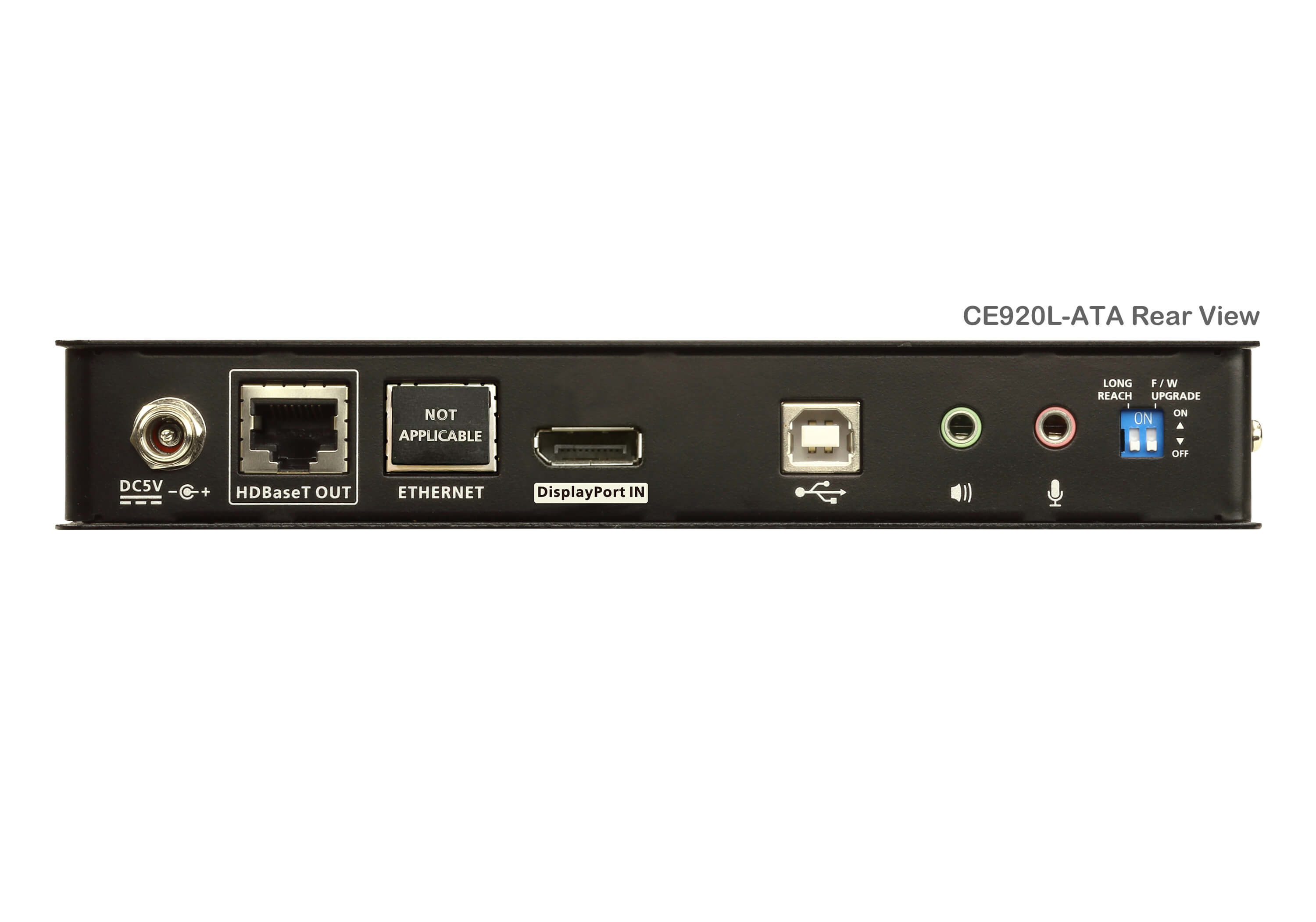 Vue arrière d'un appareil noir avec ports. Inclut Ethernet, DisplayPort, USB, prises audio et entrée d'alimentation.