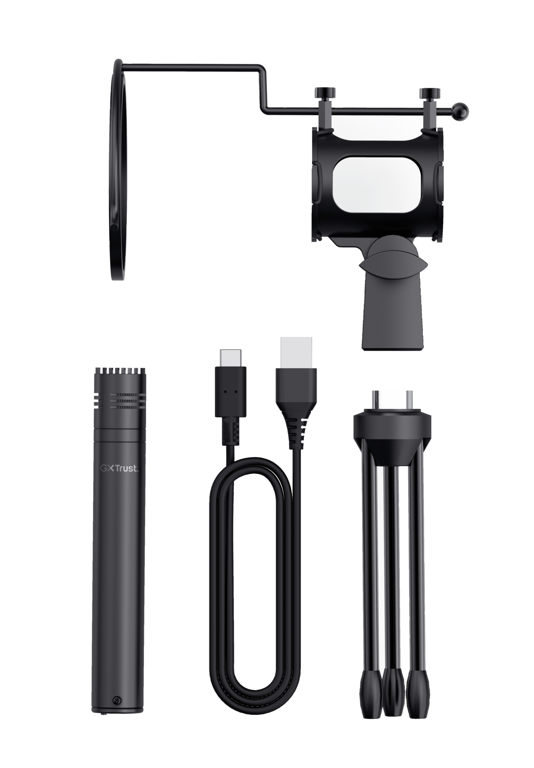 Czarny zestaw mikrofonu: mikrofon, filtr pop, statyw, kabel USB. Izolowany na białym. Zawiera GX Trust.