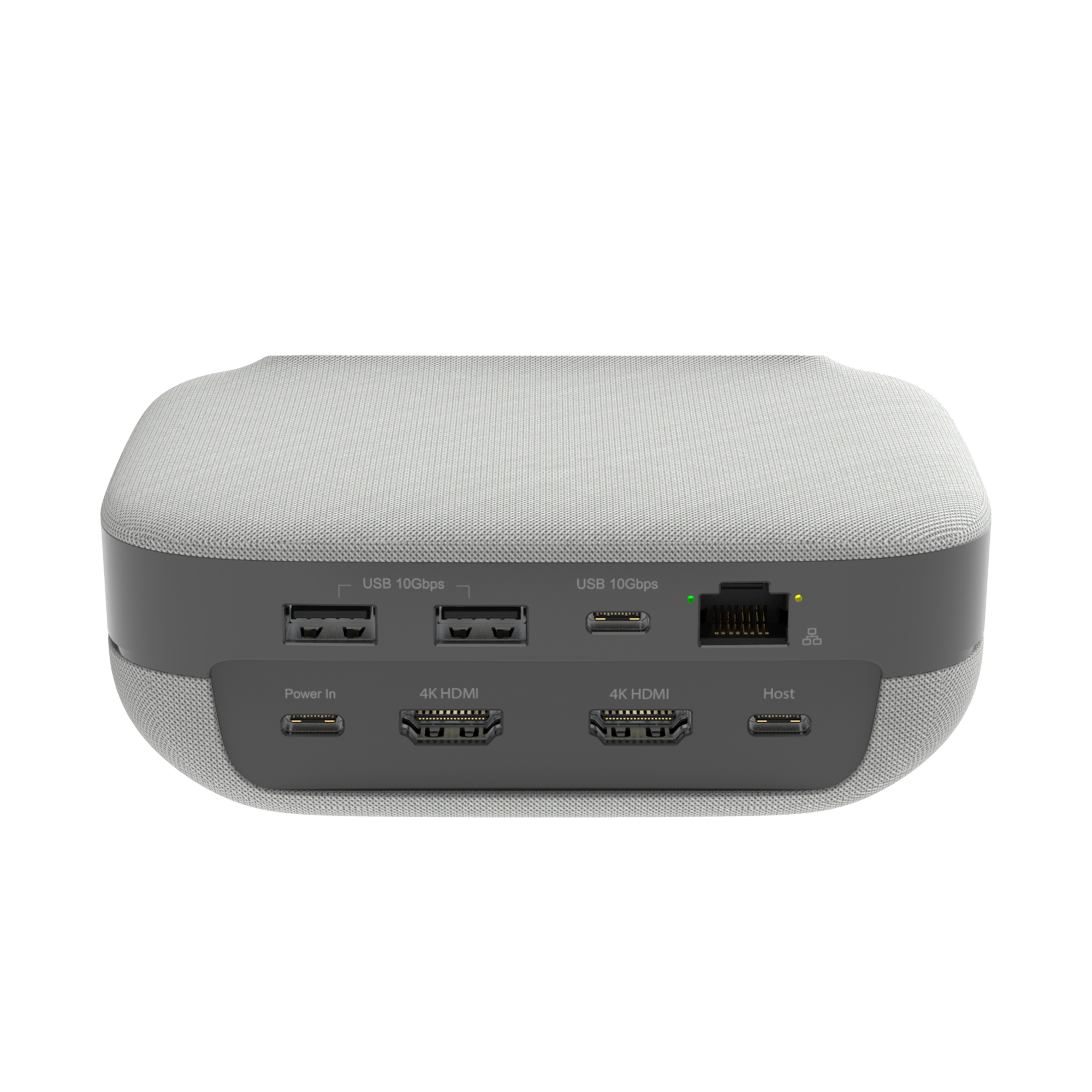 Ein graues Gerät mit mehreren Anschlüssen mit der Bezeichnung USB, HDMI und Power In. Die Oberseite ist mit Stoff bedeckt, die Unterseite ist dunkelgrau.