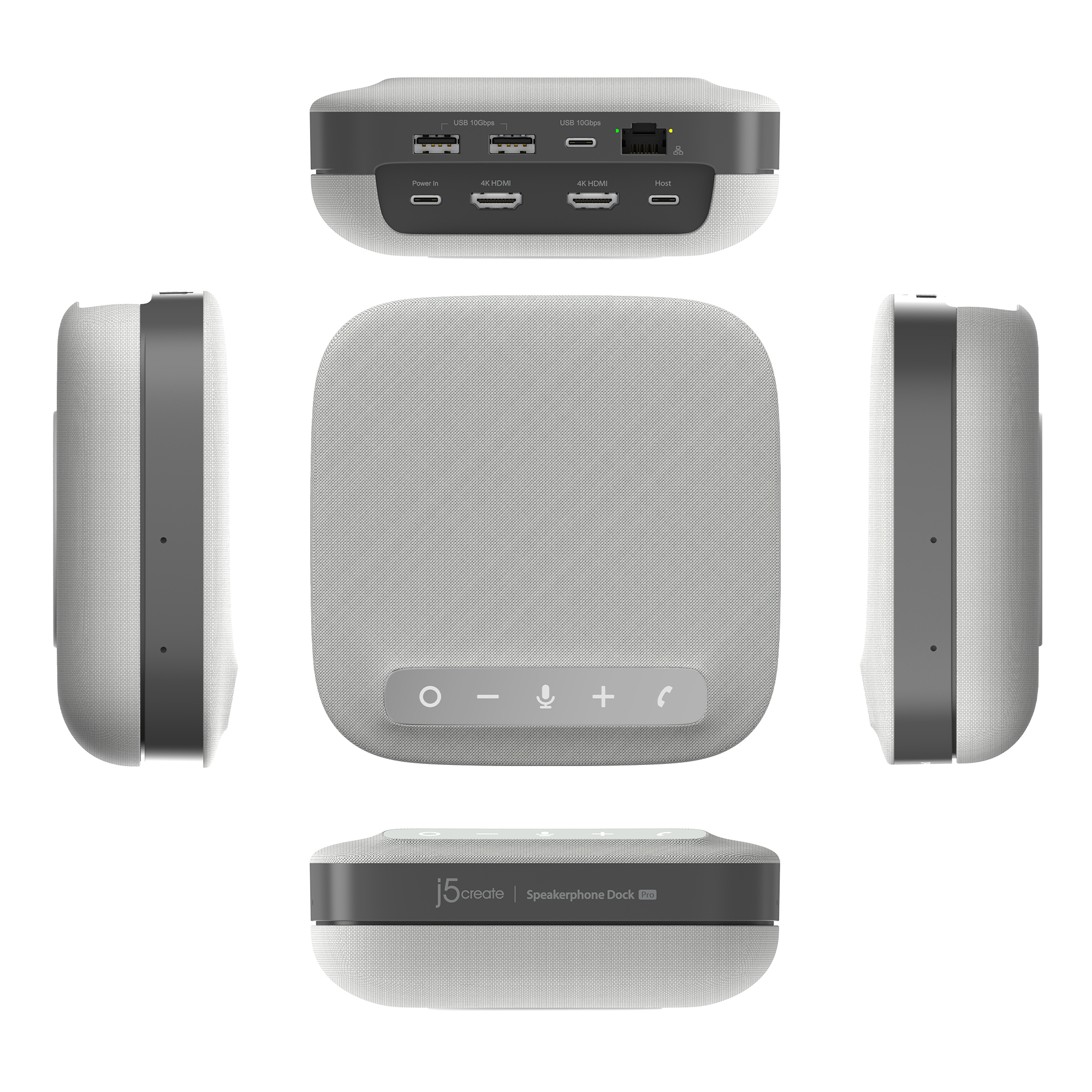 Ein graues Freisprech-Dock mit mehreren Anschlüssen, einschließlich USB, HDMI und Ethernet. Es verfügt über Steuertasten und das Logo 'j5create'.