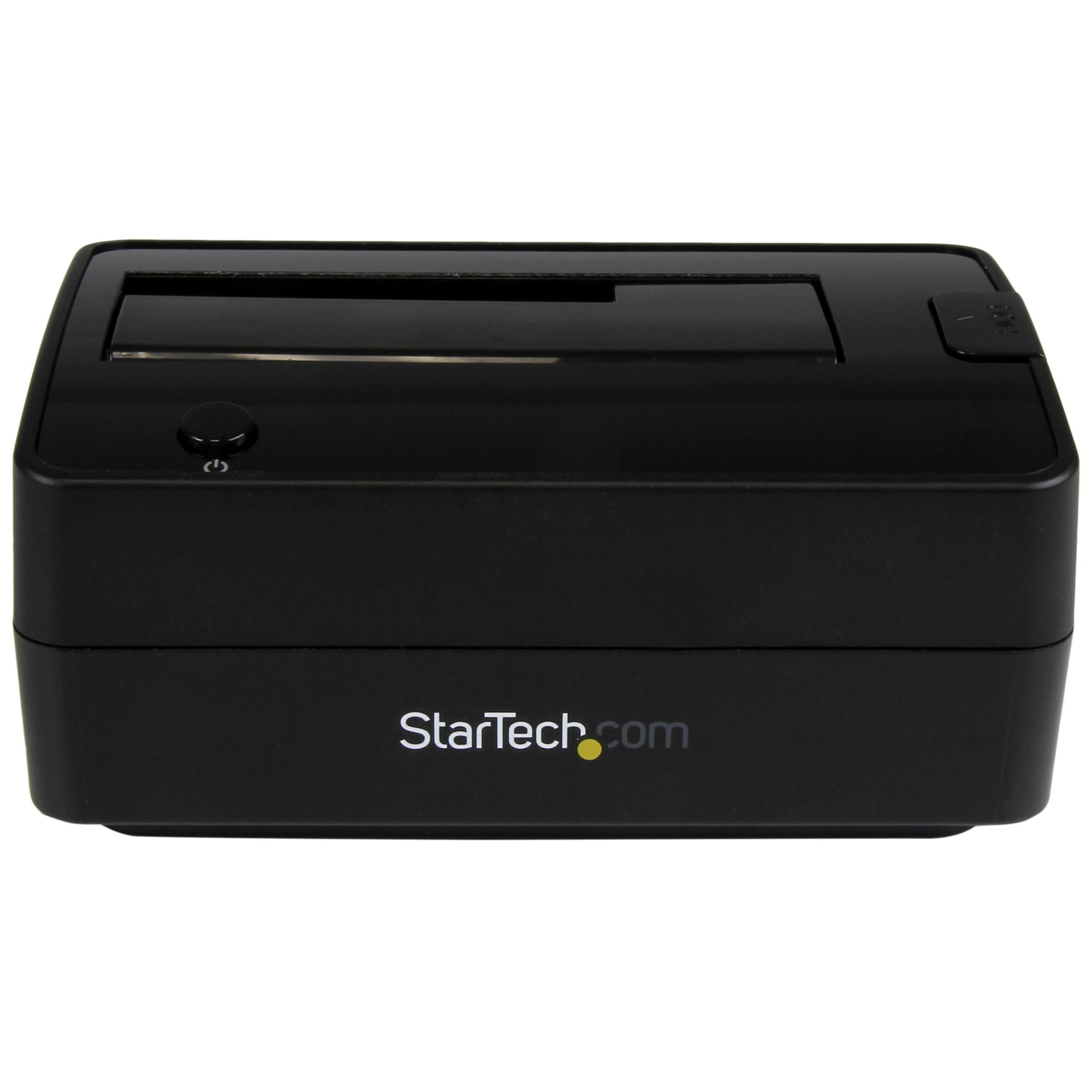 Eine schwarze StarTech-Festplatten-Dockingstation. Sie hat einen Schlitz oben und einen Ein- / Ausschalter.