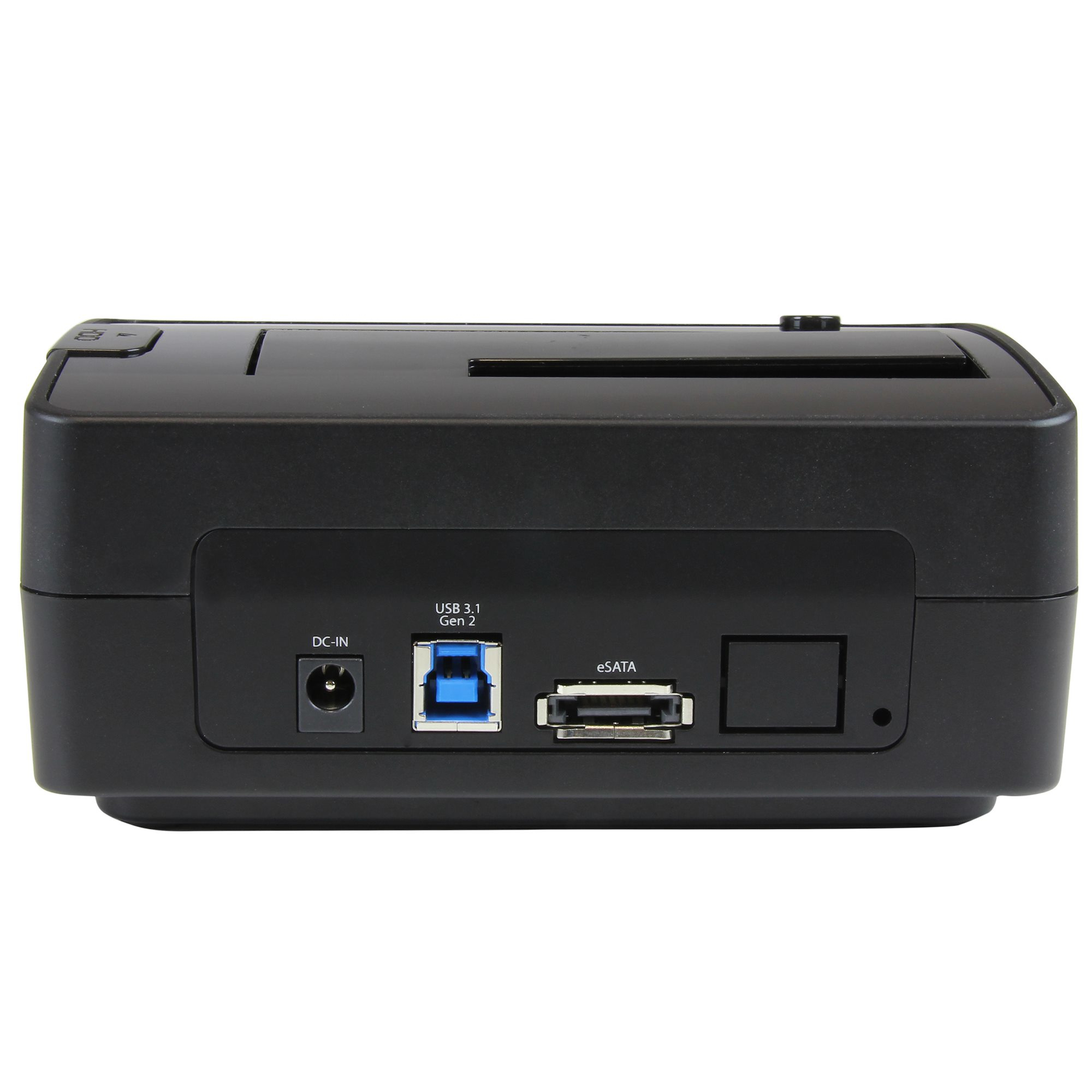 Schwarzes externes Festplattengehäuse mit Anschlüssen: DC-IN, USB 3.1, eSATA. Oben ein Schlitz und eine Taste.