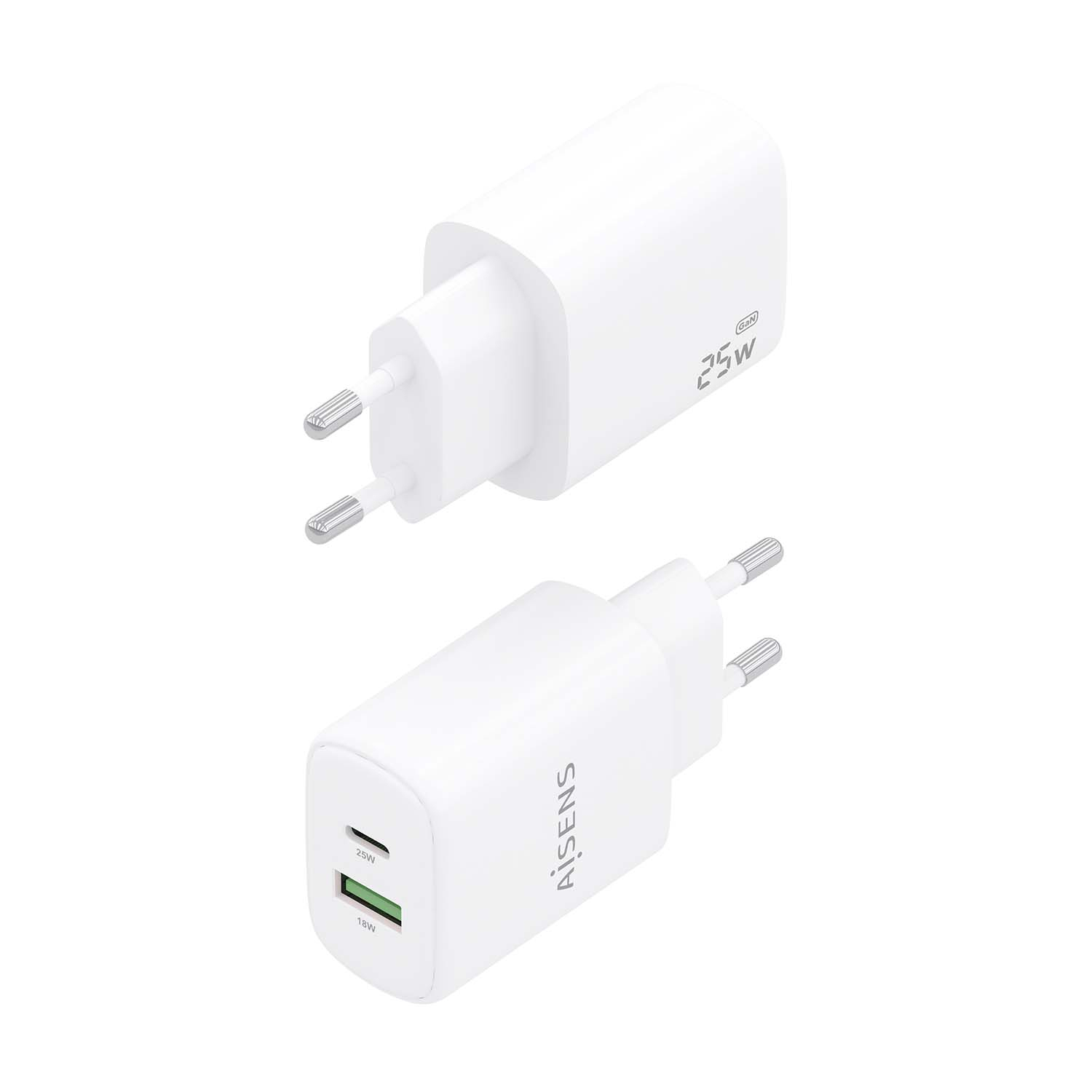 Zwei weiße Netzadapter mit Steckern. Einer zeigt 25W, der andere hat 25W und 18W Anzeigen. Die Marke ist AiSens.
