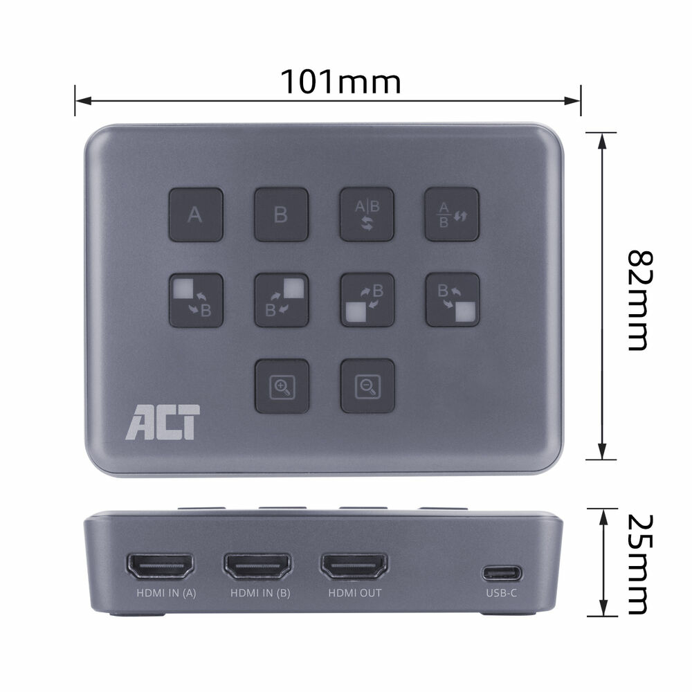 Ein grauer Video-Switcher mit Knöpfen und Anschlüssen, beschriftet mit Abmessungen. HDMI- und USB-Anschlüsse sind sichtbar.