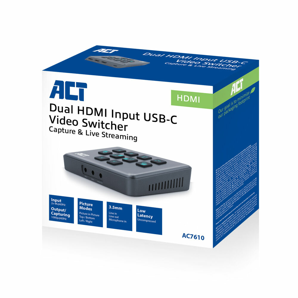 Verpackter Videoschalter. Er hat die Marke 'ACT' und den Produktnamen 'Dual HDMI Input USB-C Video Switcher'. Er ist schwarz und grau.