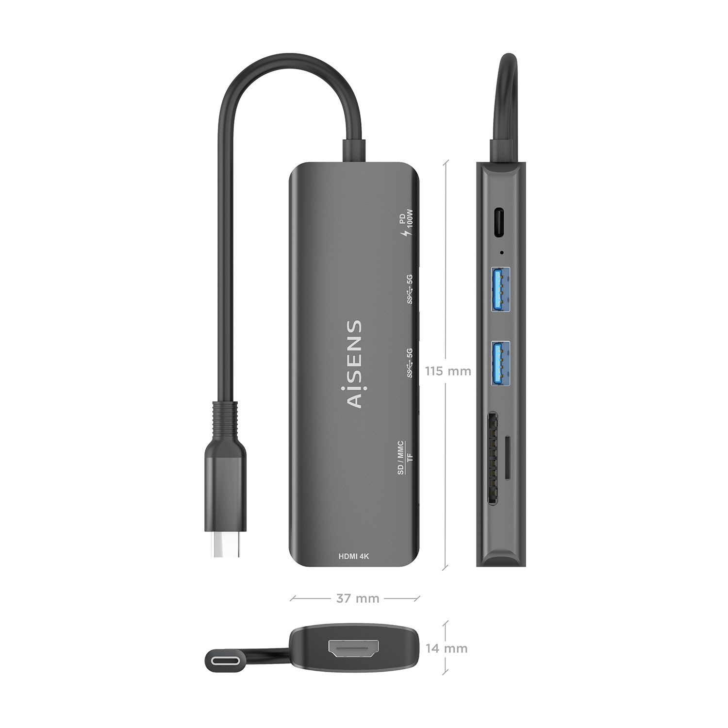 Un hub USB-C grigio con più porte, tra cui HDMI, USB e slot per schede SD. Le dimensioni sono fornite.