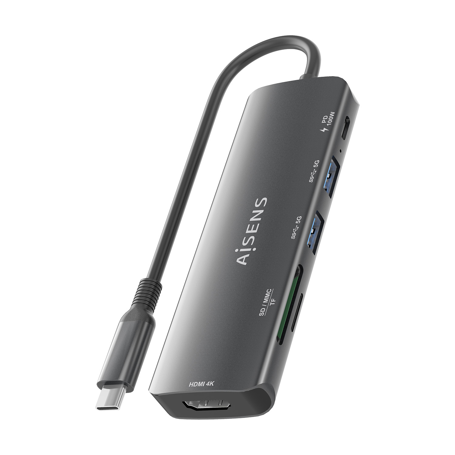 Un hub USB-C AiSens grigio con più porte, tra cui HDMI, USB e lettore di schede SD. Un cavo nero si collega a USB-C.