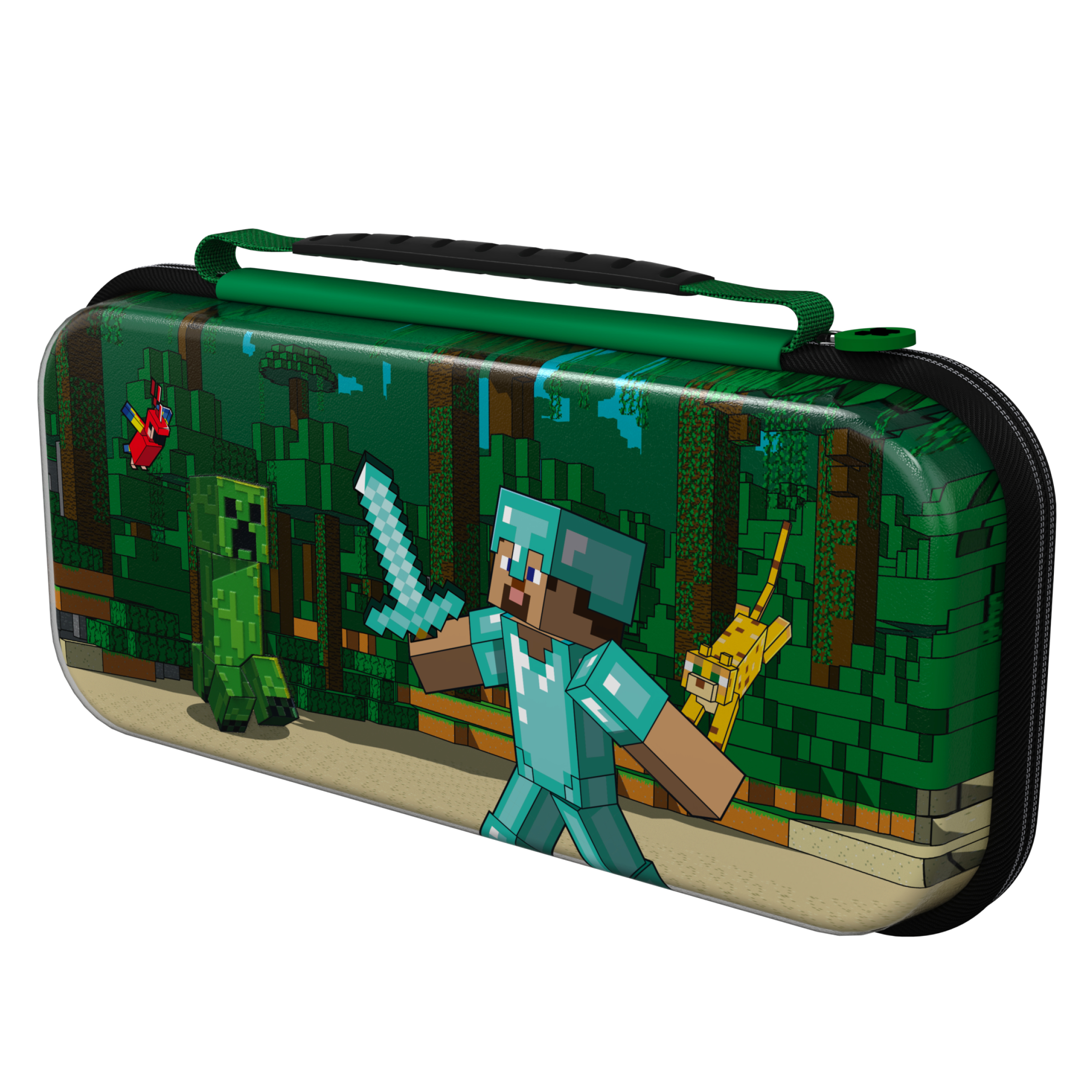 Etui Minecraft ze Stevem, Creeperem i kotem. Zielony uchwyt, tło lasu.
