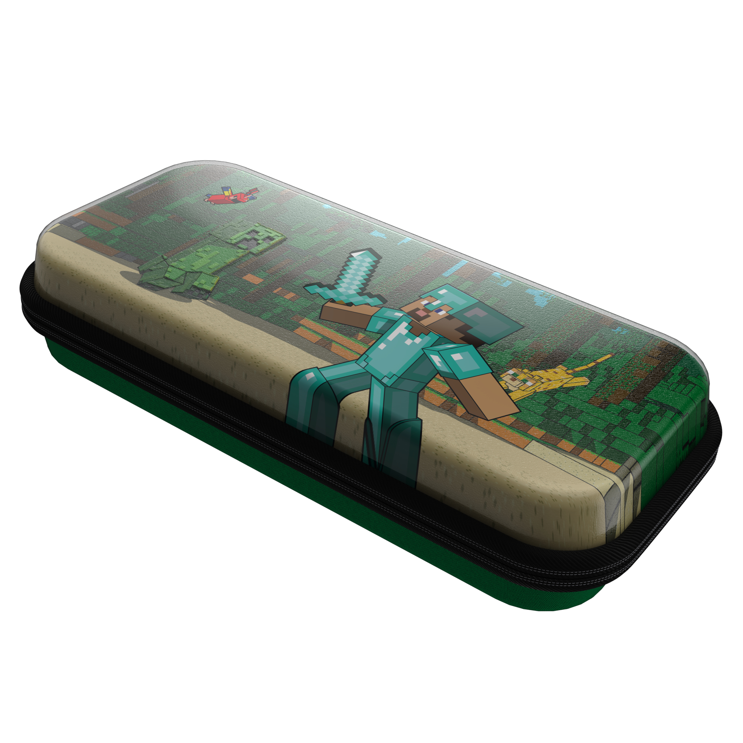 Etui w tematyce Minecraft. Ma postać z Minecraft z diamentowym mieczem. Etui jest zielone.