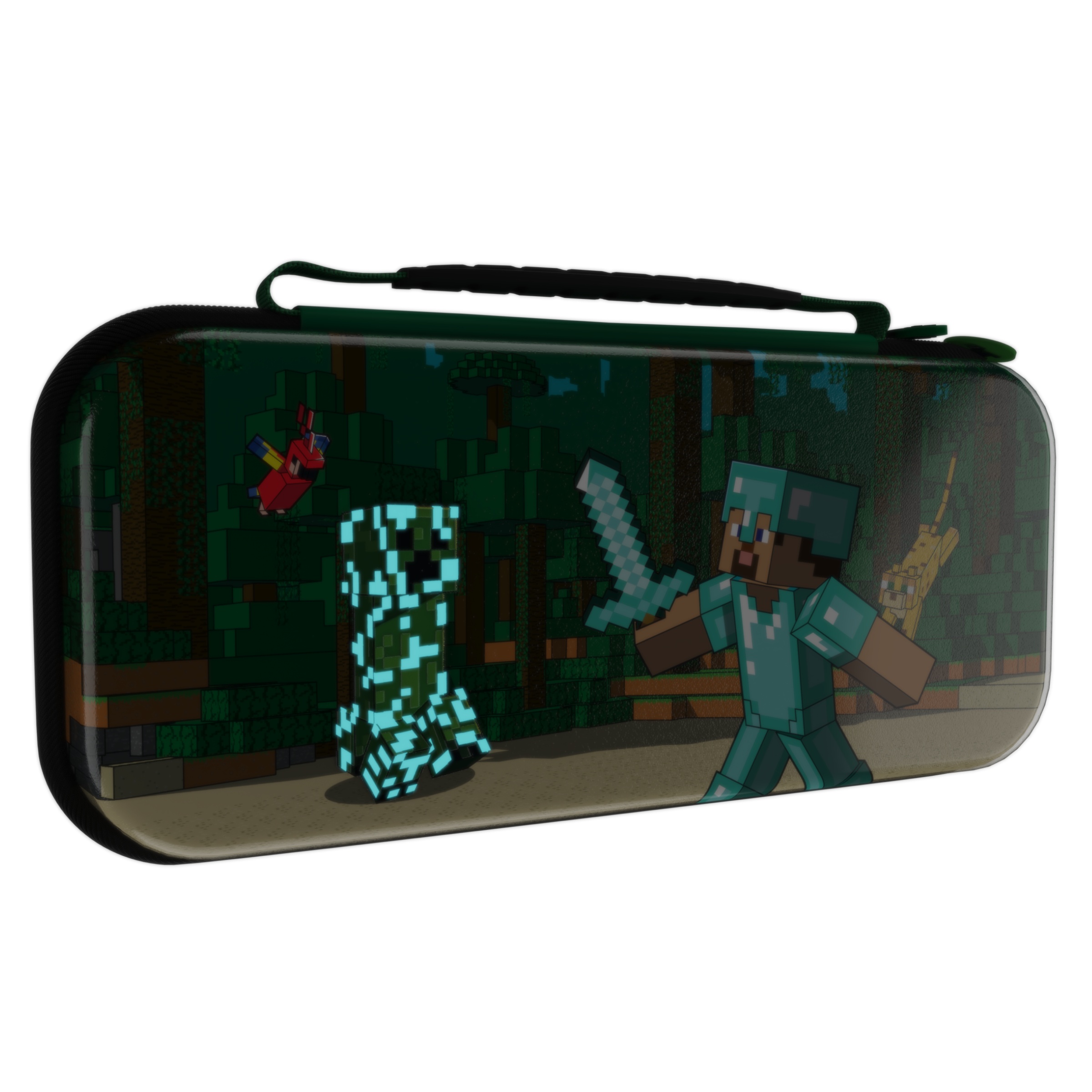 Etui Minecraft Switch z Creeperem, Steve'em z mieczem, papugą i tłem dżungli.