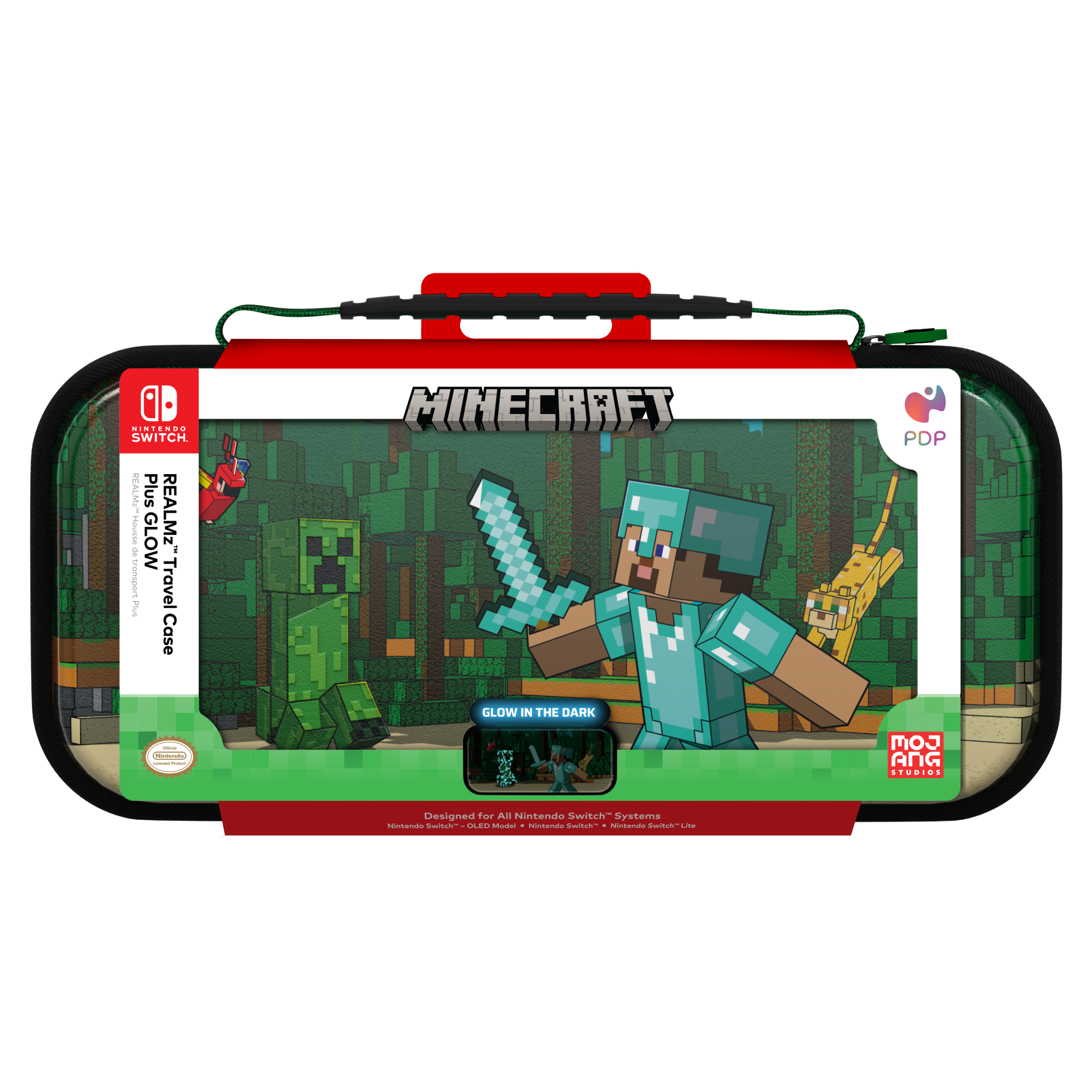 Walizka podróżna Minecraft z postaciami i logo. Zawiera Creepera, Steve'a, miecz i kota.