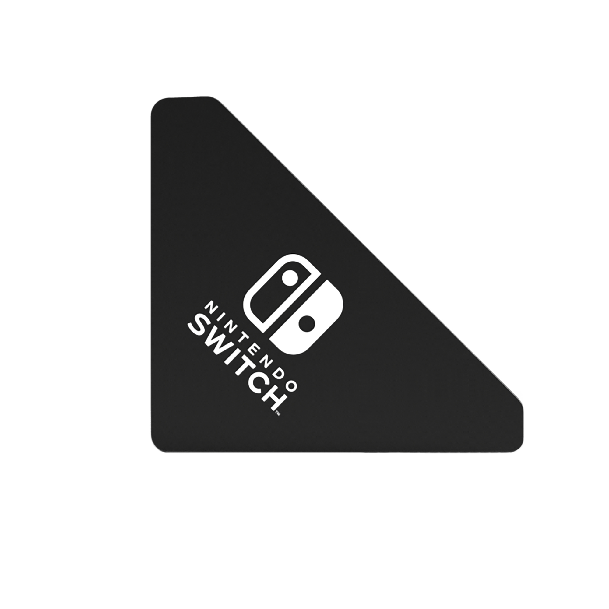 Un soporte triangular negro para Nintendo Switch con el logotipo de Nintendo Switch en blanco.