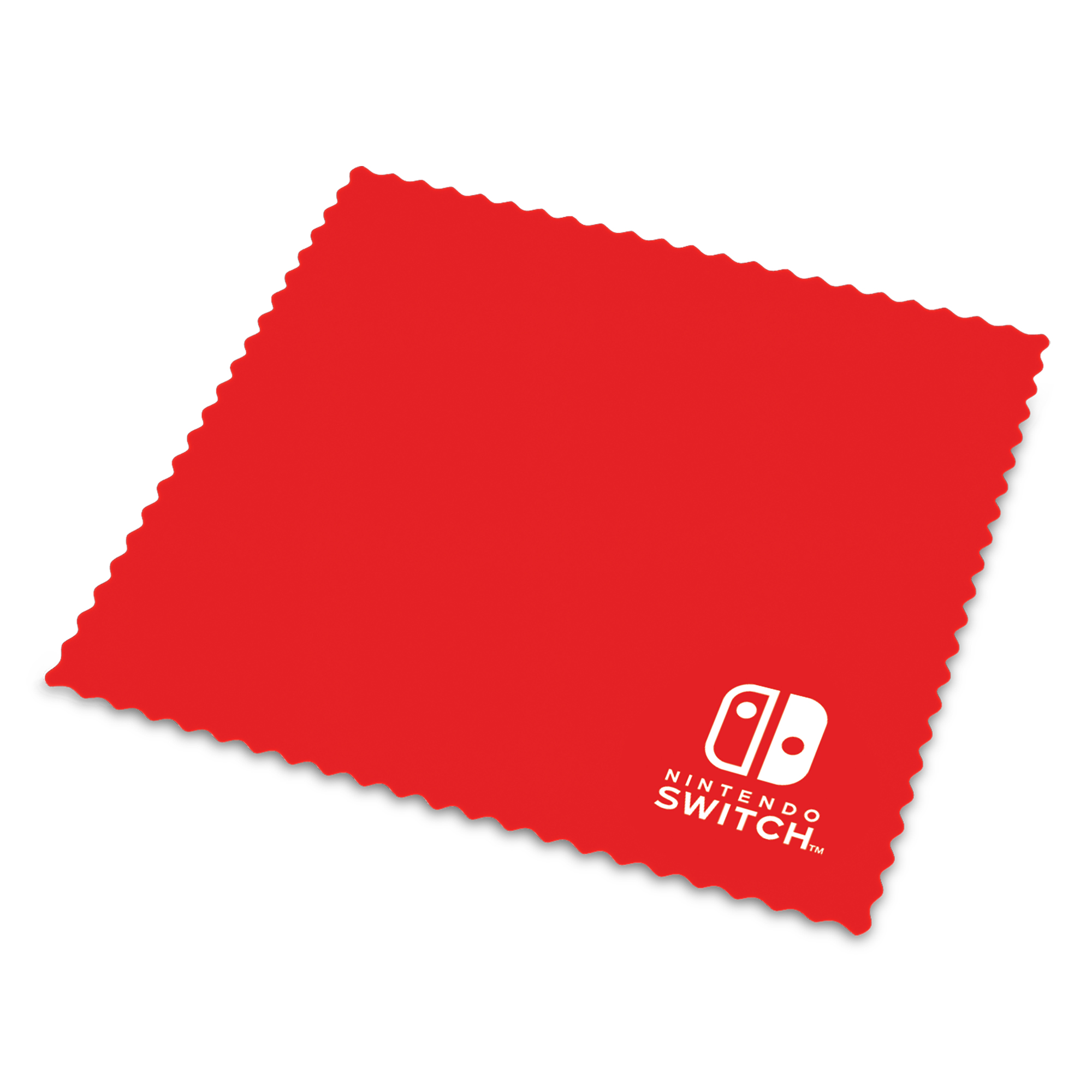 Un paño de limpieza rojo de Nintendo Switch con borde ondulado. El logotipo de Switch está en la esquina inferior derecha.
