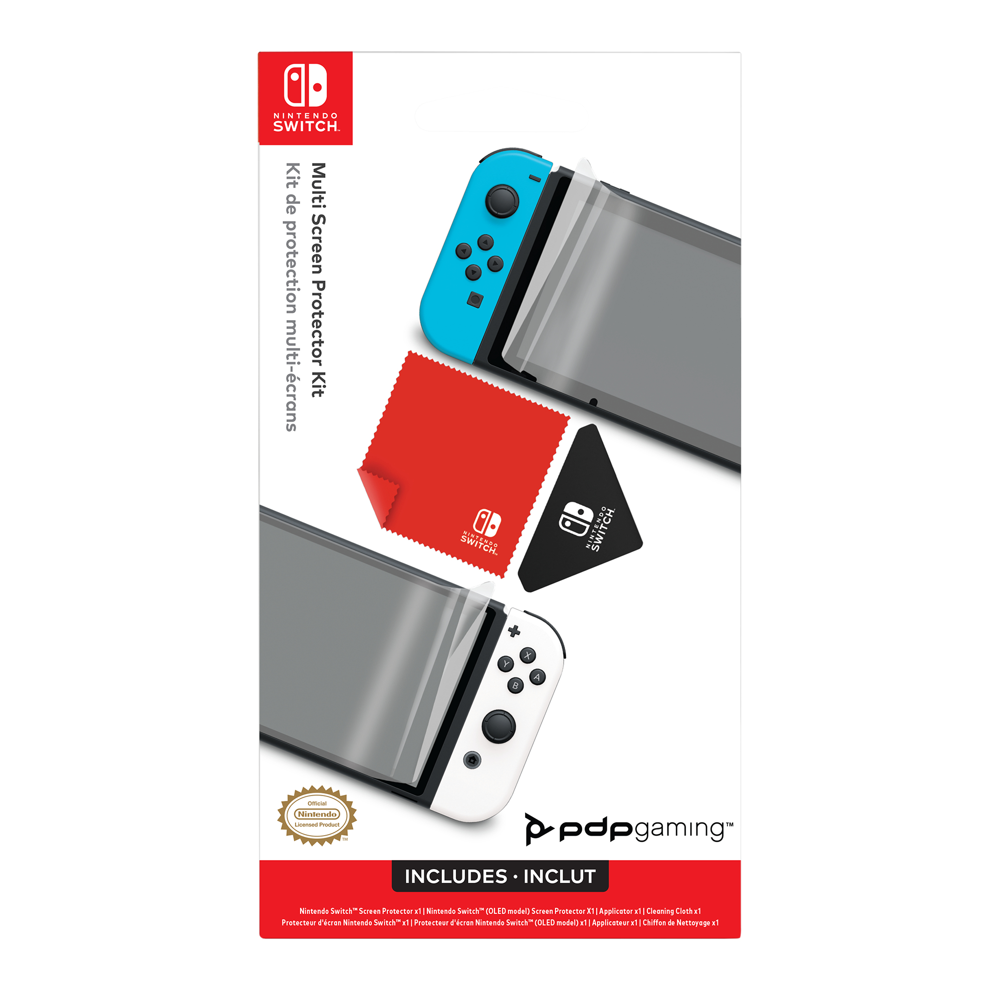 Kit de protector de pantalla Nintendo Switch. Incluye protectores, paño de limpieza y aplicador. Fondo blanco.