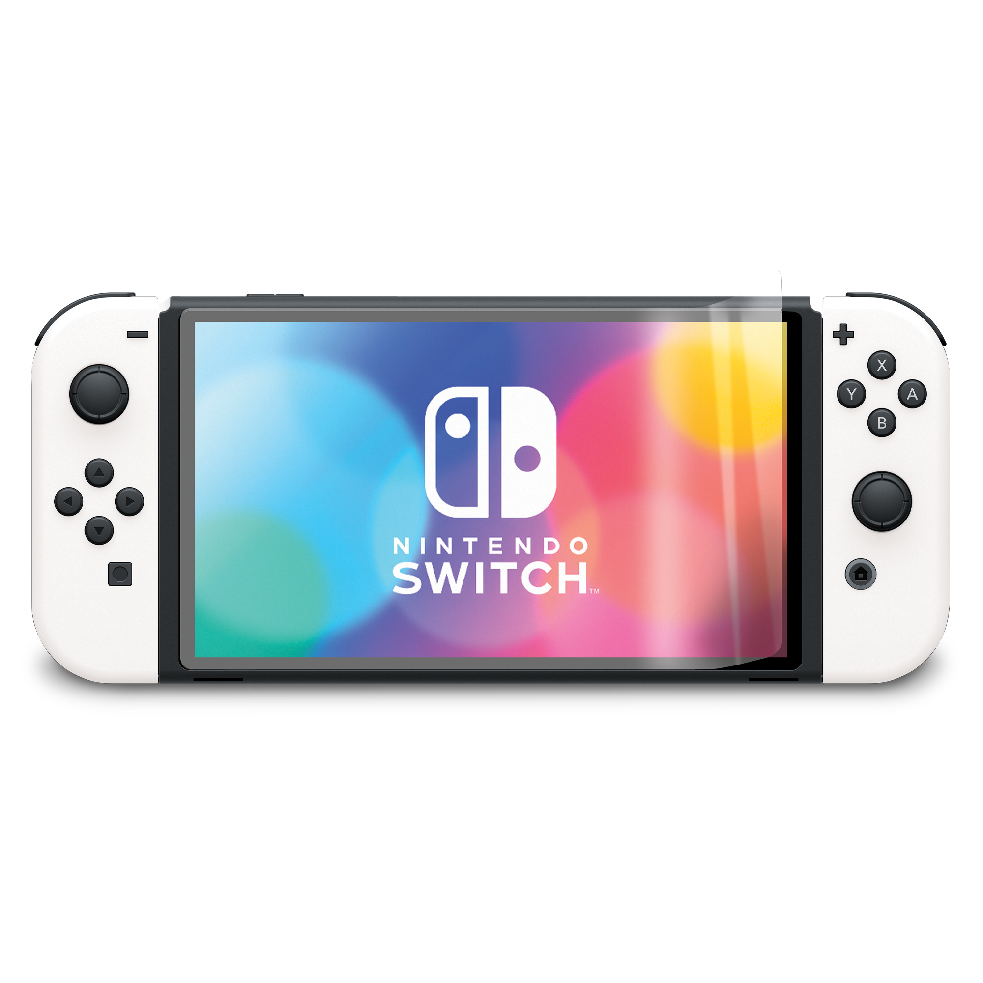 Consola Nintendo Switch. Mandos blancos, pantalla negra con logo, fondo colorido.