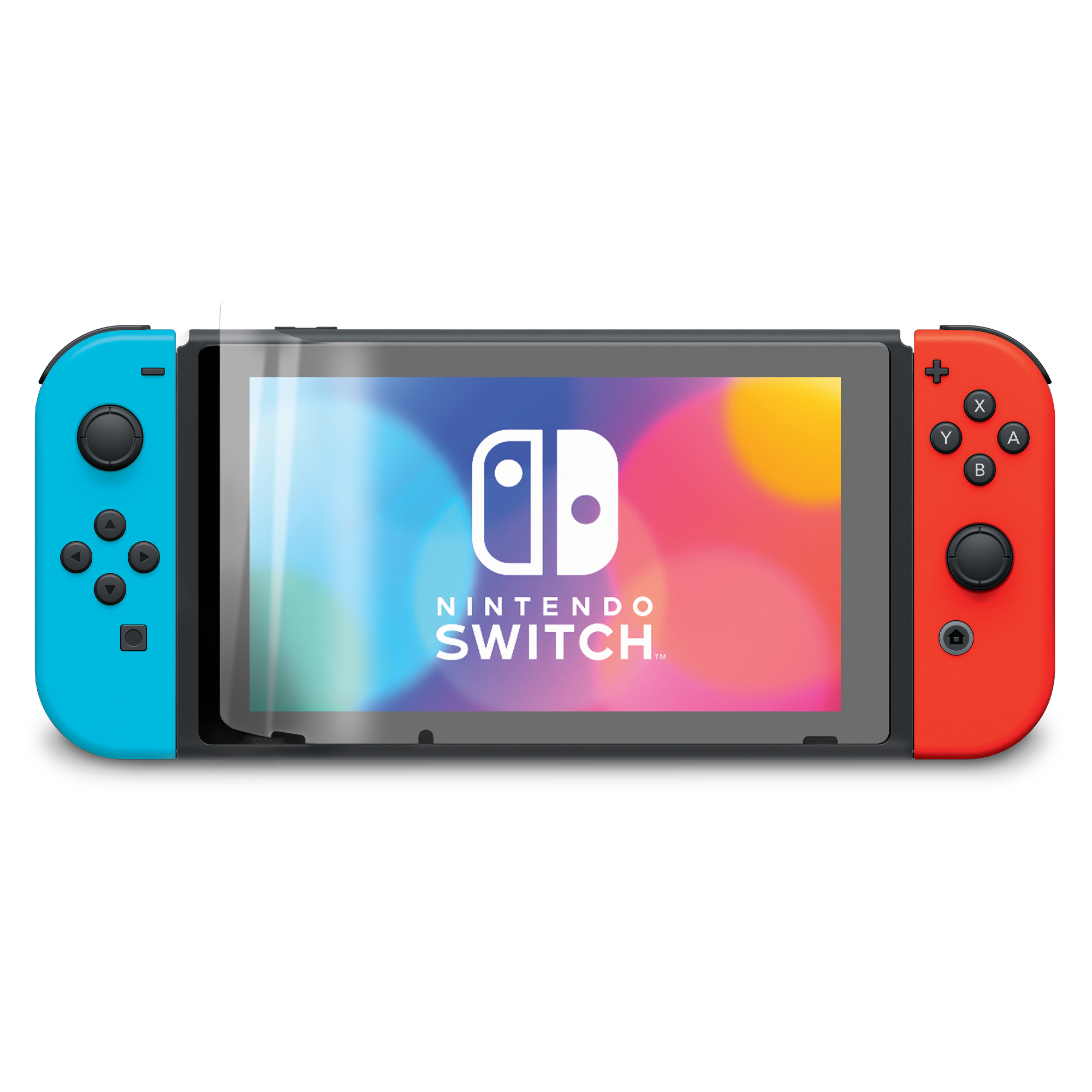 Consola Nintendo Switch. Joy-Cons azul a la izquierda y rojo a la derecha. Pantalla con el logo Nintendo Switch.