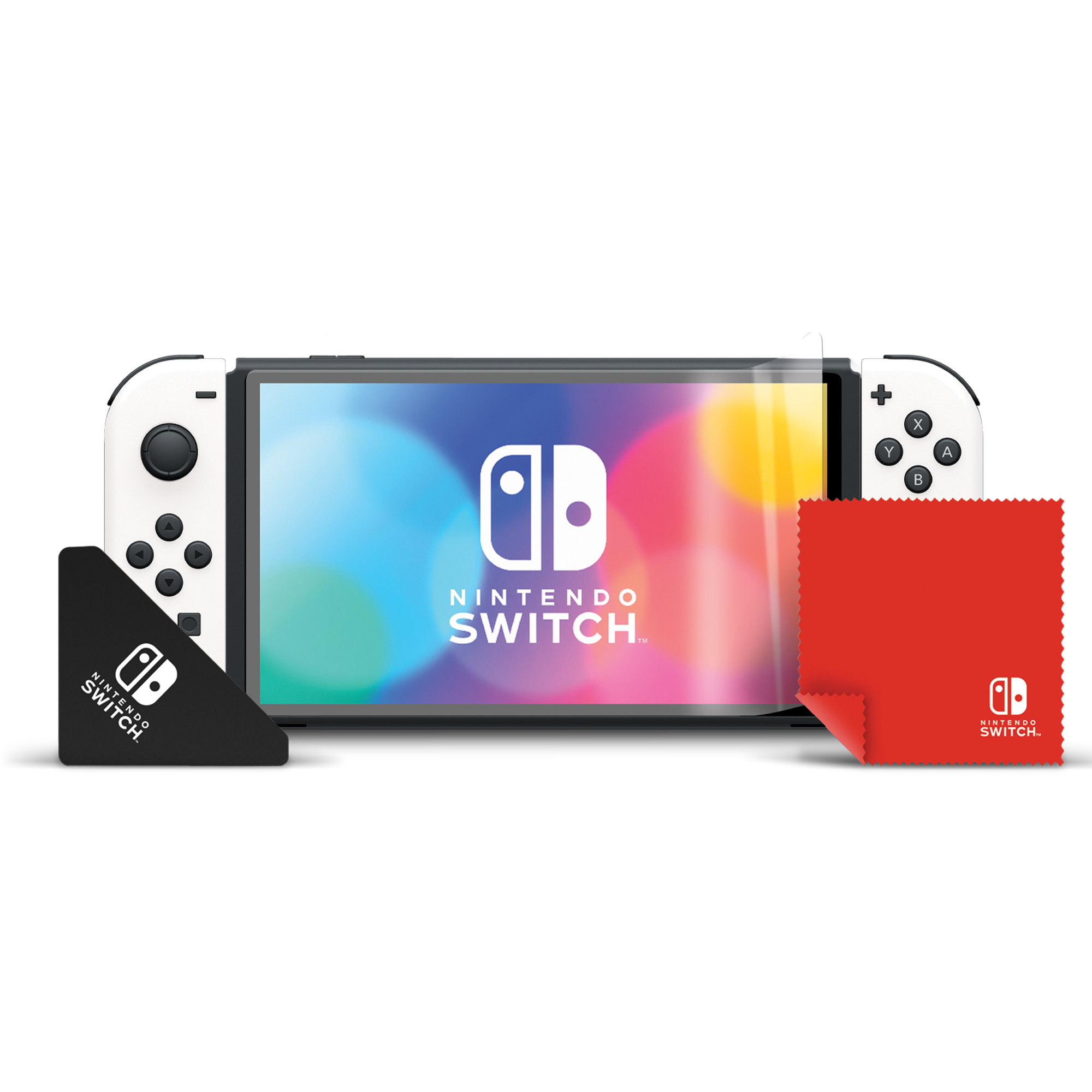 Una consola Nintendo Switch blanca con protector de pantalla, soporte negro y paño de limpieza rojo sobre fondo blanco.