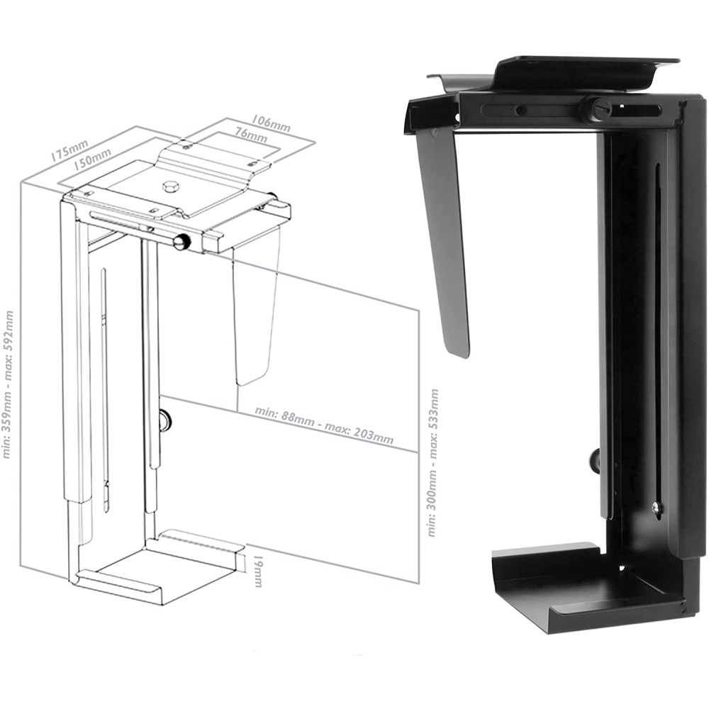 Das Bild zeigt einen schwarzen PC-Gehäusehalter mit Maßangaben in Millimetern. Der Halter hat ein verstellbares Design.