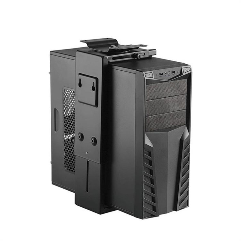 Ein schwarzes Computergehäuse mit einer Halterung oben. Das Gehäuse hat eine Mesh-Front und verschiedene Anschlüsse.