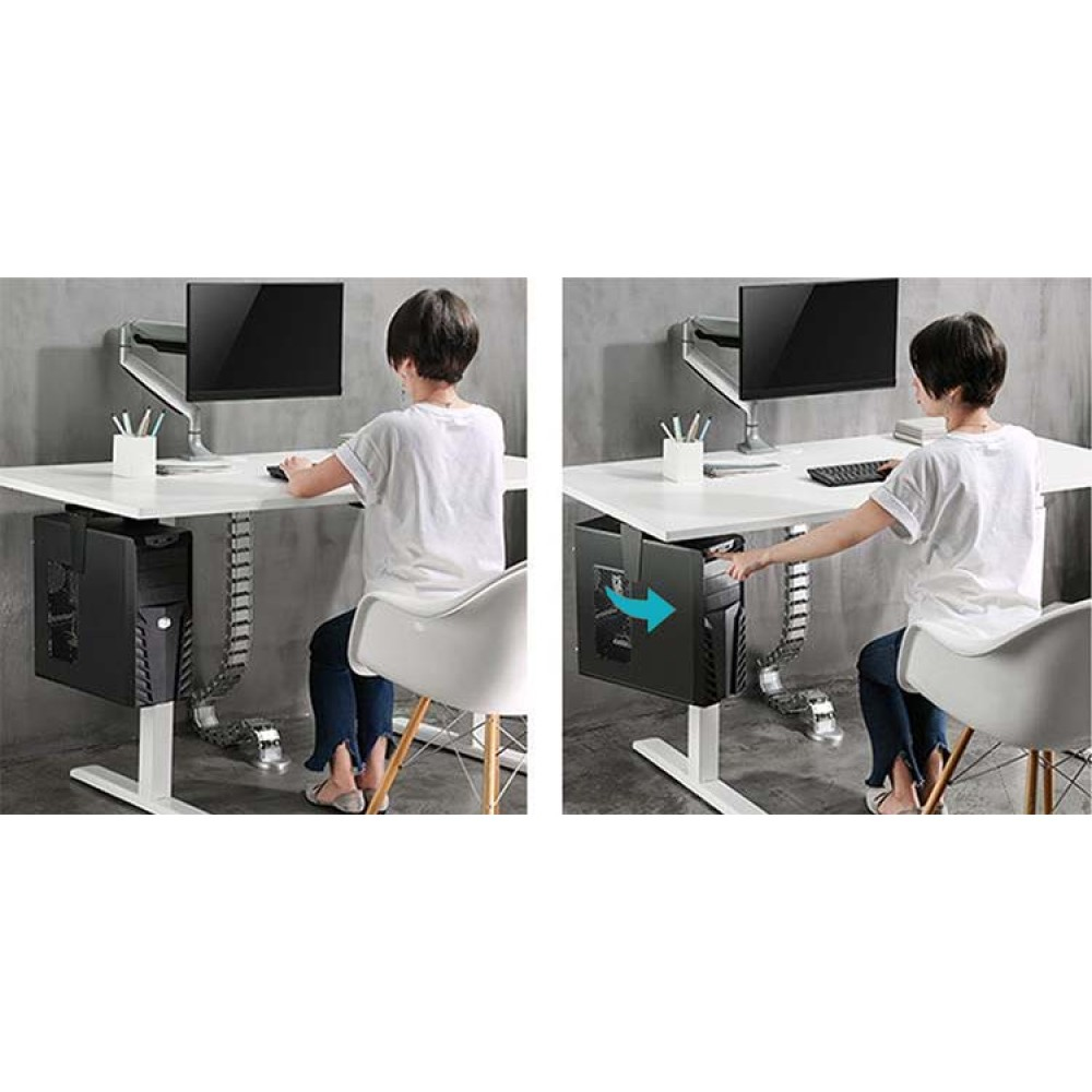 Eine Person sitzt an einem weißen Schreibtisch mit einem Computer. Das PC-Gehäuse ist darunter befestigt. Eine Schublade wird herausgezogen, um den PC freizulegen.