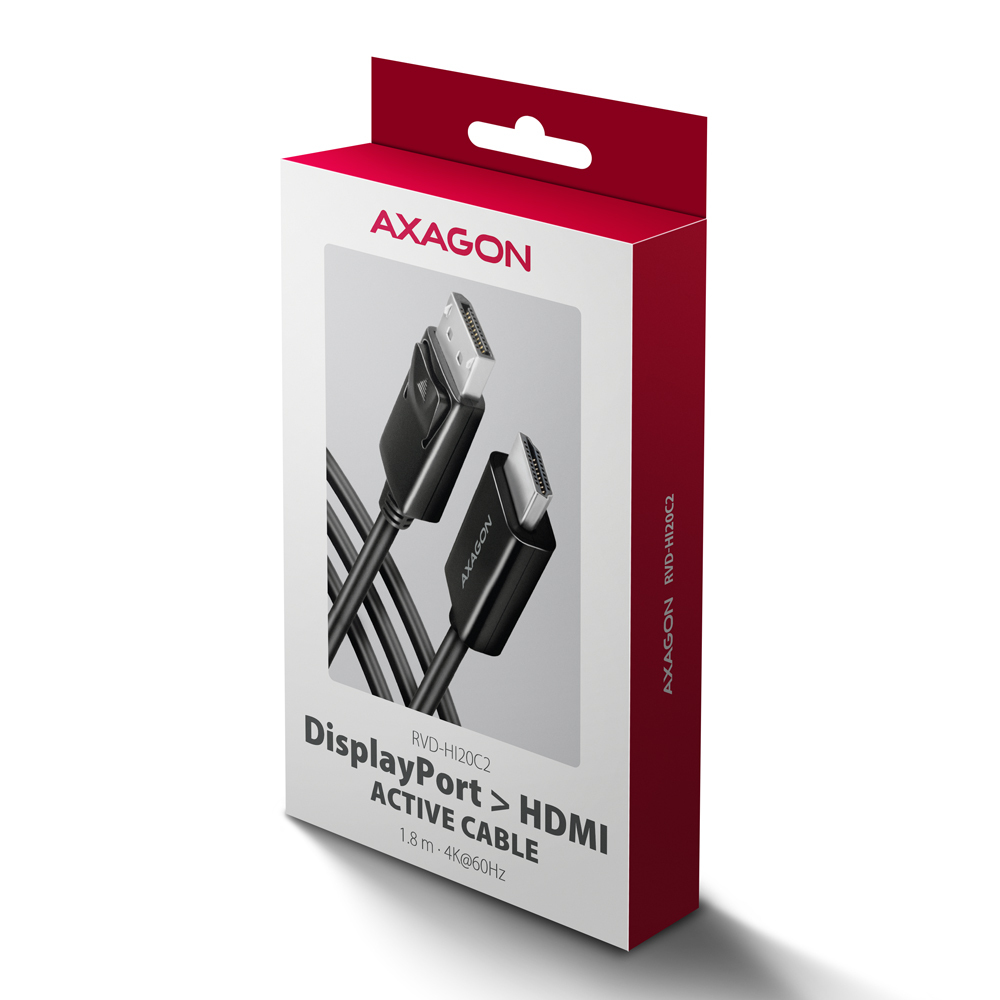 Biało-czerwone pudełko Axagon z czarnym kablem DisplayPort do HDMI. Tekst na pudełku to 'DisplayPort <gt/> HDMI ACTIVE CABLE'.