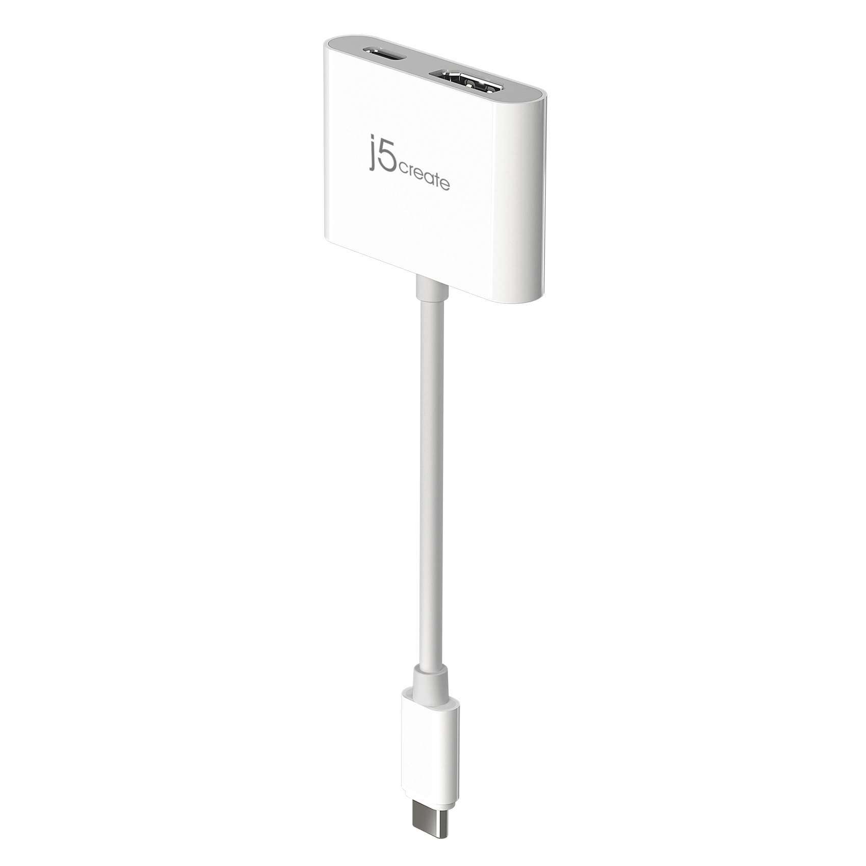 Biały adapter j5create z kablem USB-C. Ma dwa porty i logo marki. Izolowany na białym tle.