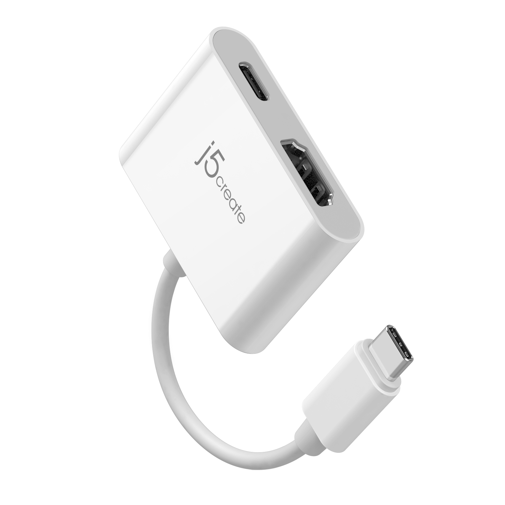 Biały adapter j5create z portami USB-C i HDMI. Ma biały kabel i złącze USB-C. Logo jest widoczne.
