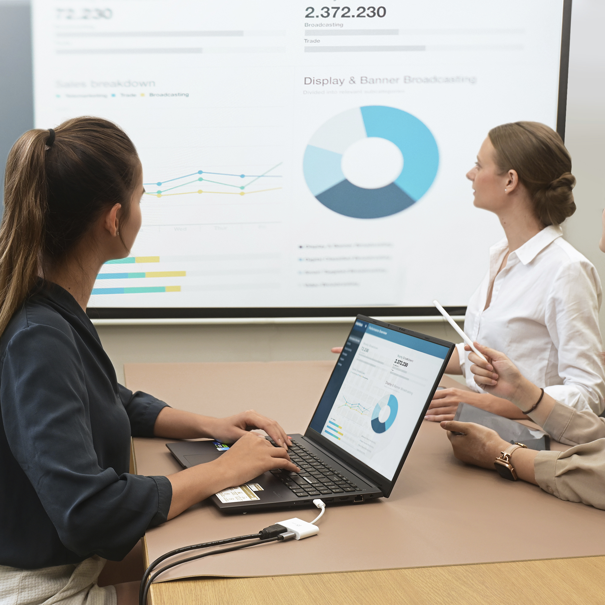 Trzy kobiety przy stole. Jedna pisze na laptopie, inne patrzą na ekran z wykresami.