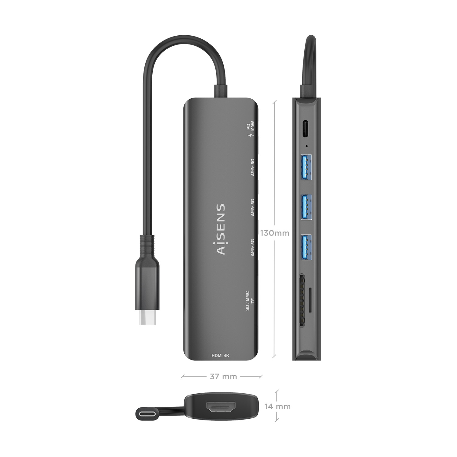 Un hub USB-C grigio con più porte, tra cui USB, HDMI e slot per schede SD, è mostrato su sfondo bianco con dimensioni.